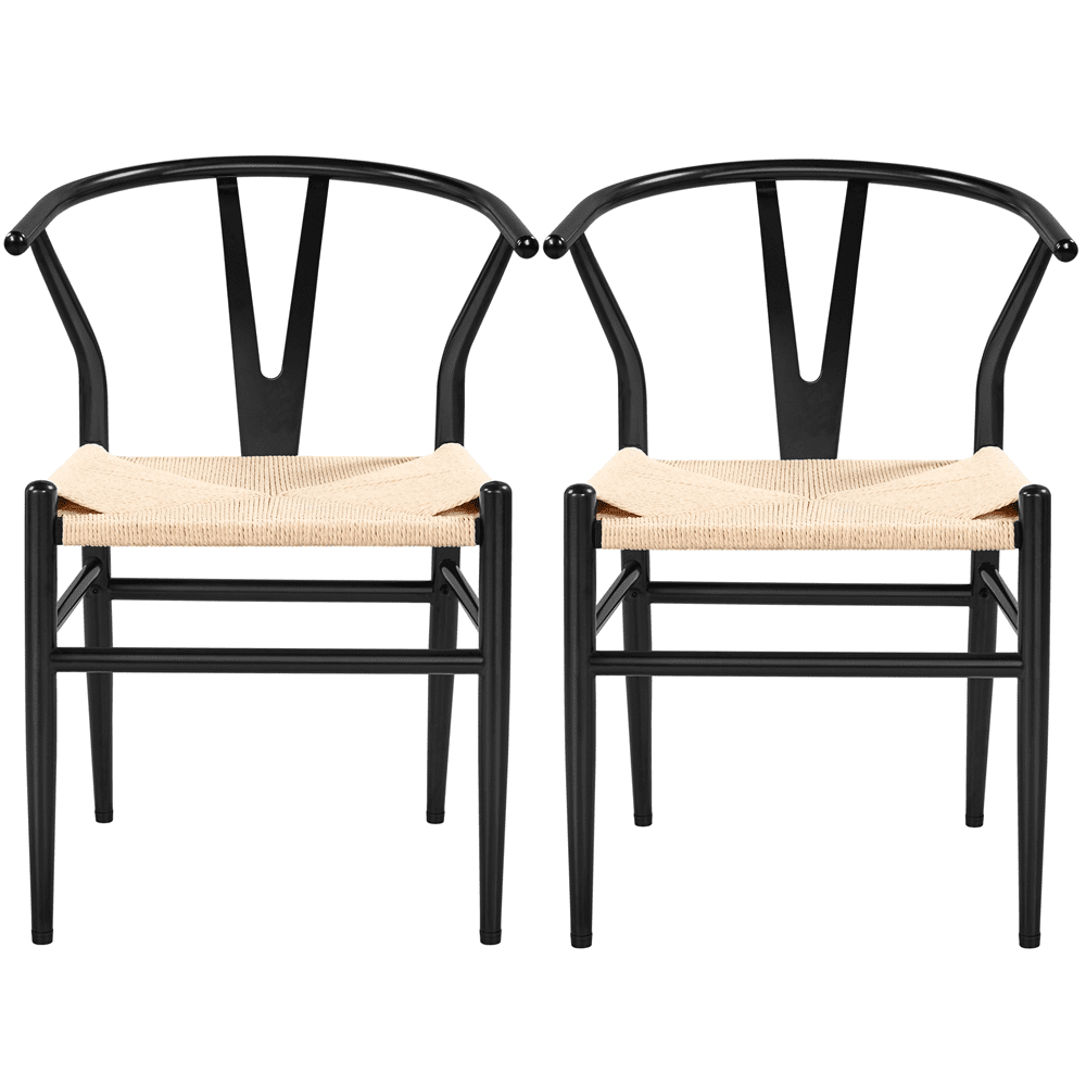 Black Metal Dining Side Chairs with Woven Hemp Seat, Set of 2