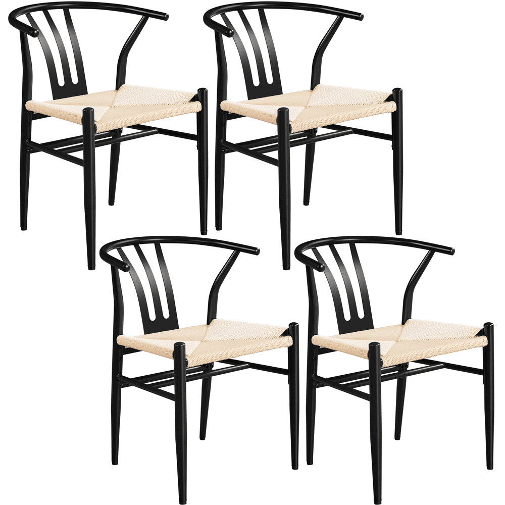 Set of 4 Black Metal Dining Arm Chairs with Woven Seats