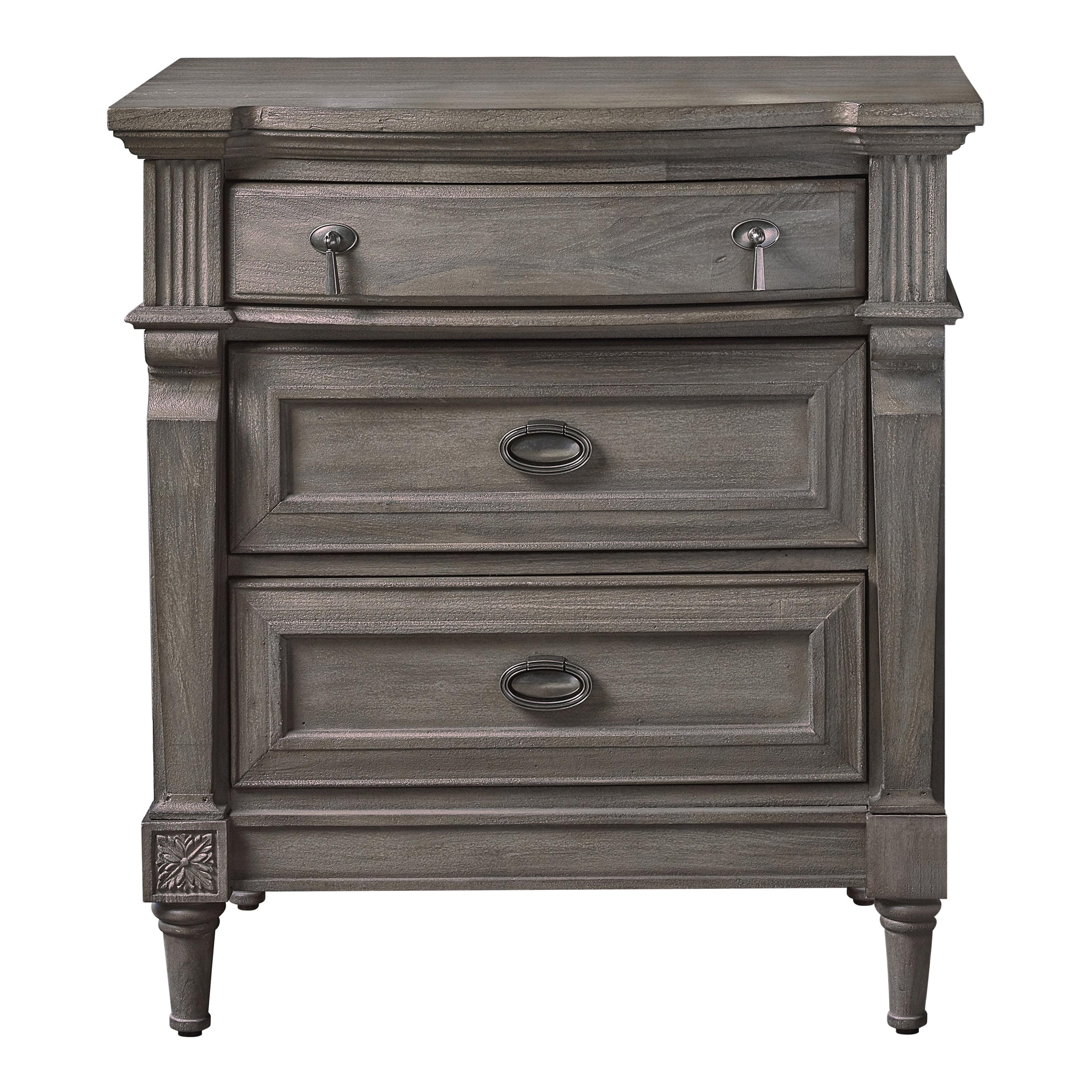 Transitional French Grey 3-Drawer Nightstand with USB Ports