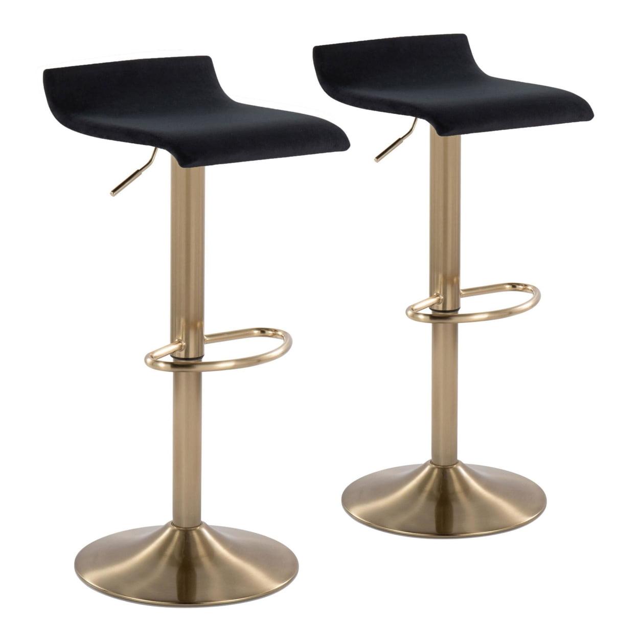 Ale Contemporary Adjustable Height Barstool With Swivel In Gold Brushed Metal And Black Velvet With Oval Footrest - Set