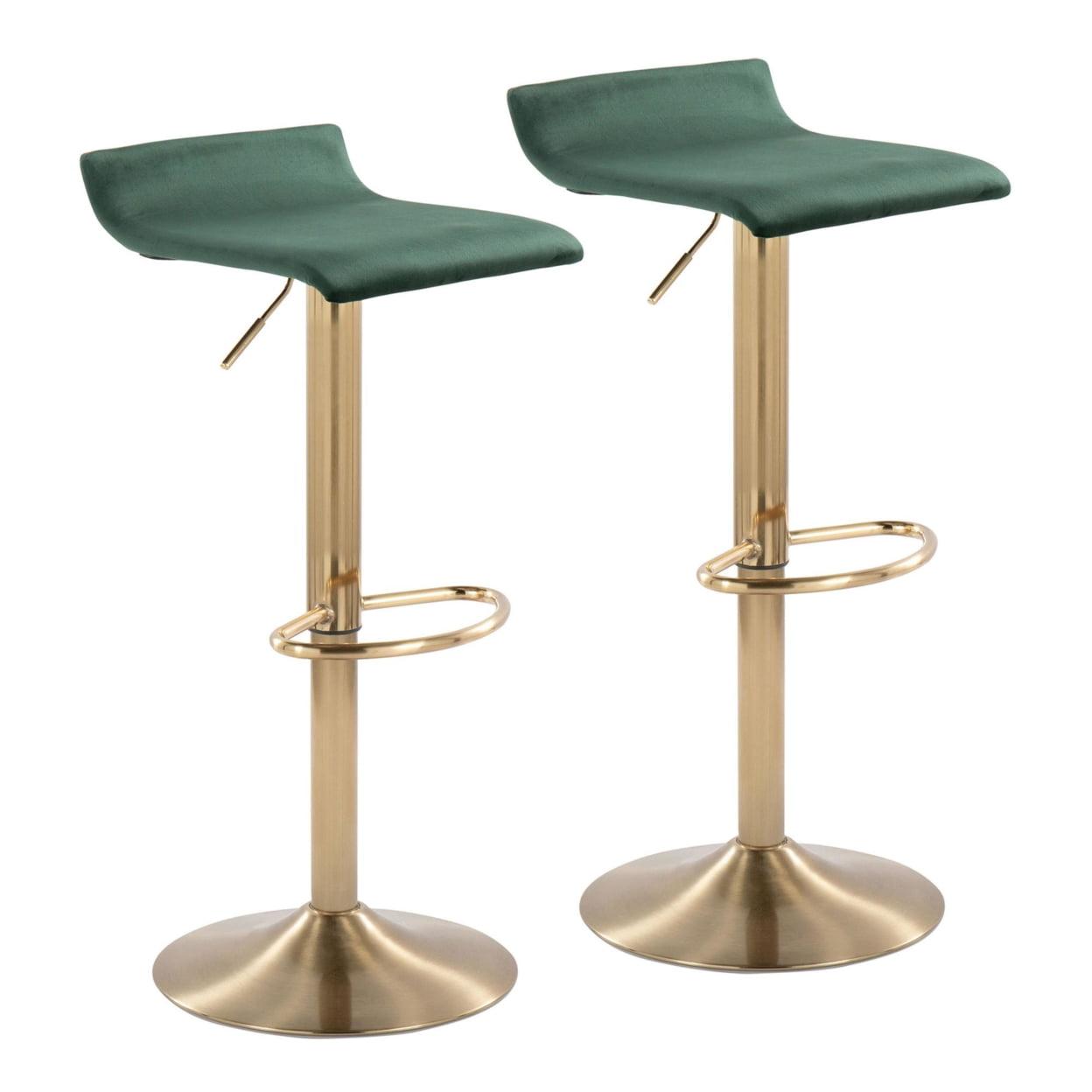 Green Velvet Adjustable Swivel Barstool with Gold Metal Base