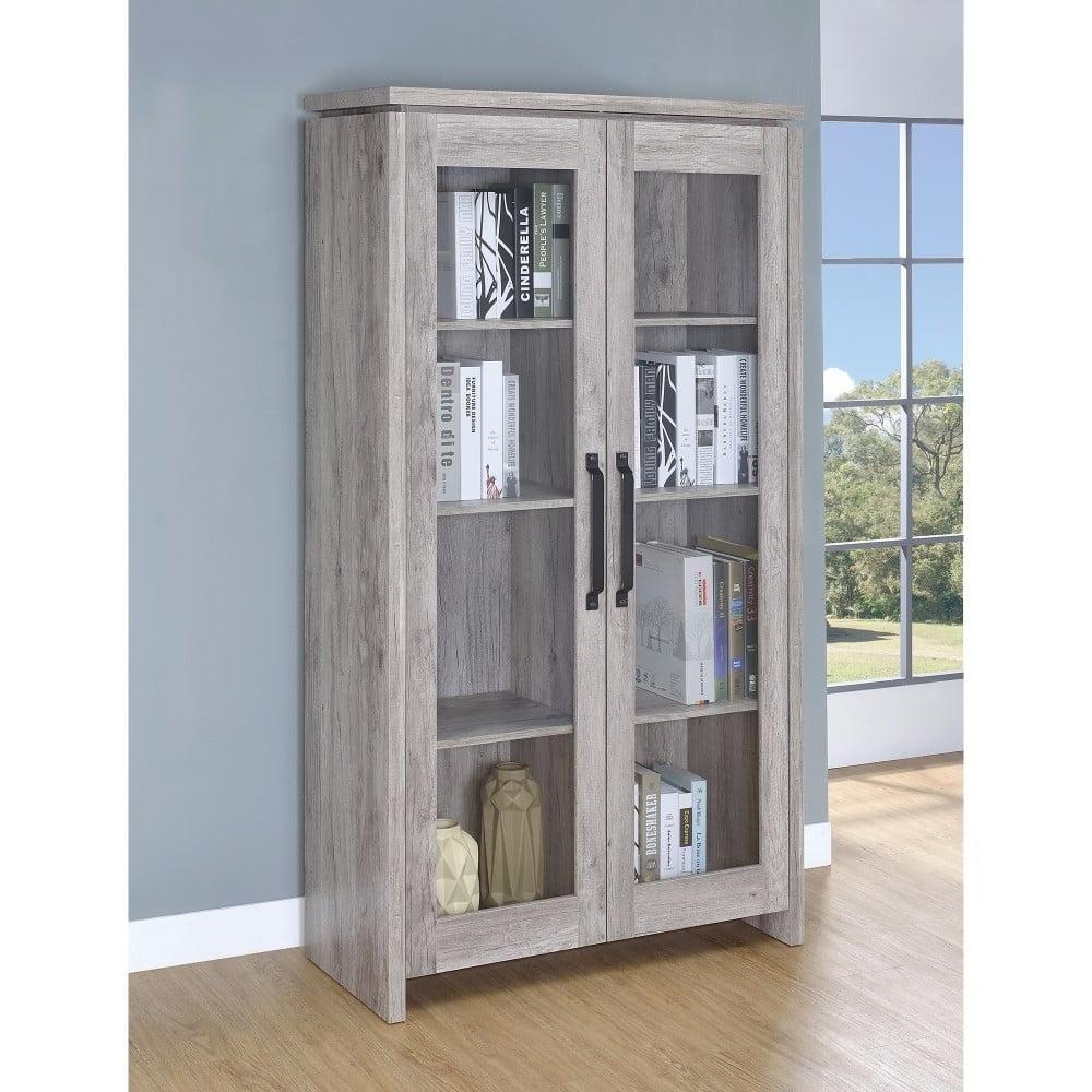 Transitional Grey Driftwood Tall Curio Cabinet with Glass Doors