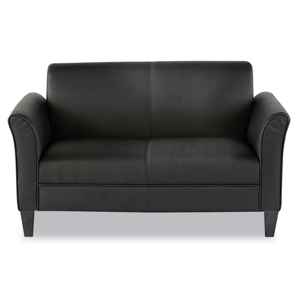 Black Leather Reception Loveseat with Flared Arms and Wood Legs