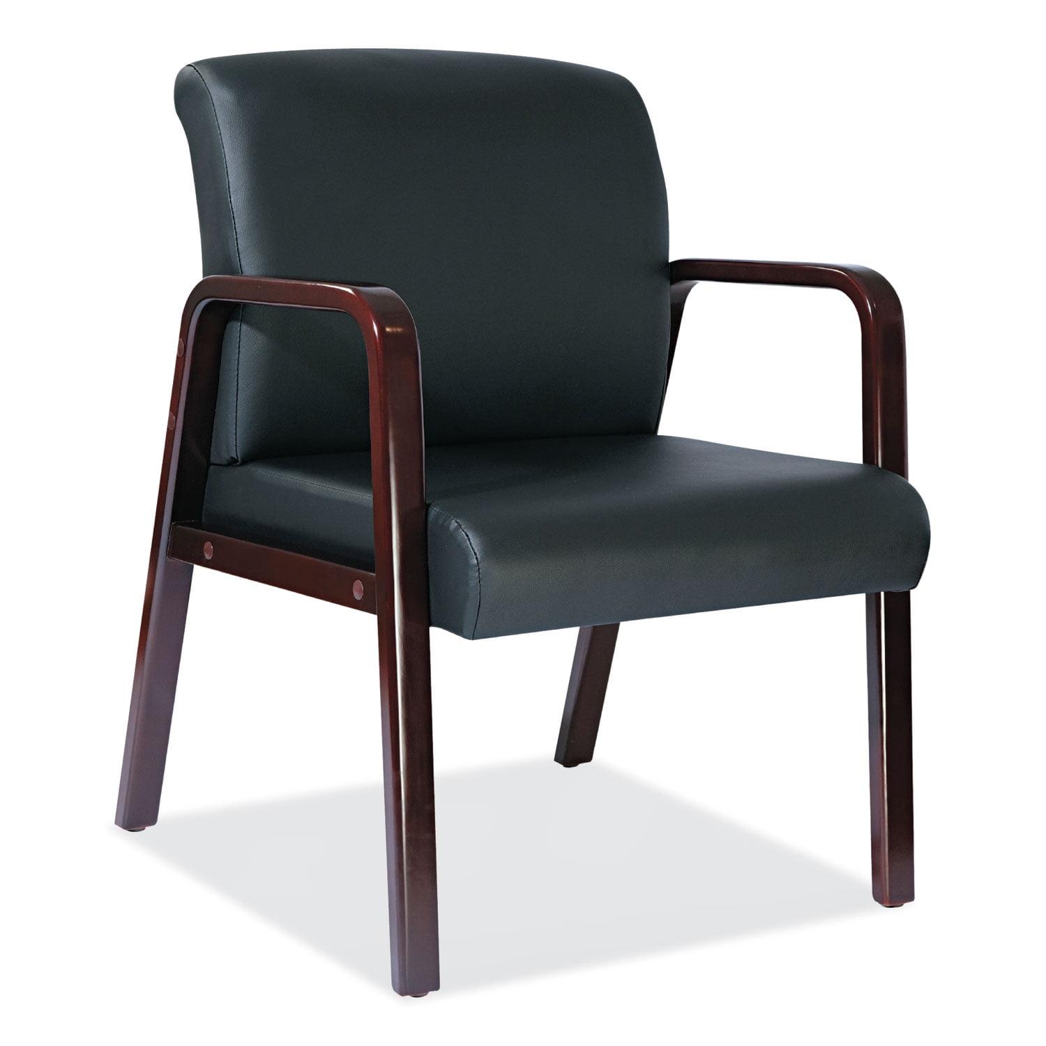 Elegant Mahogany Wood Guest Chair with Fixed Black Leather Arms