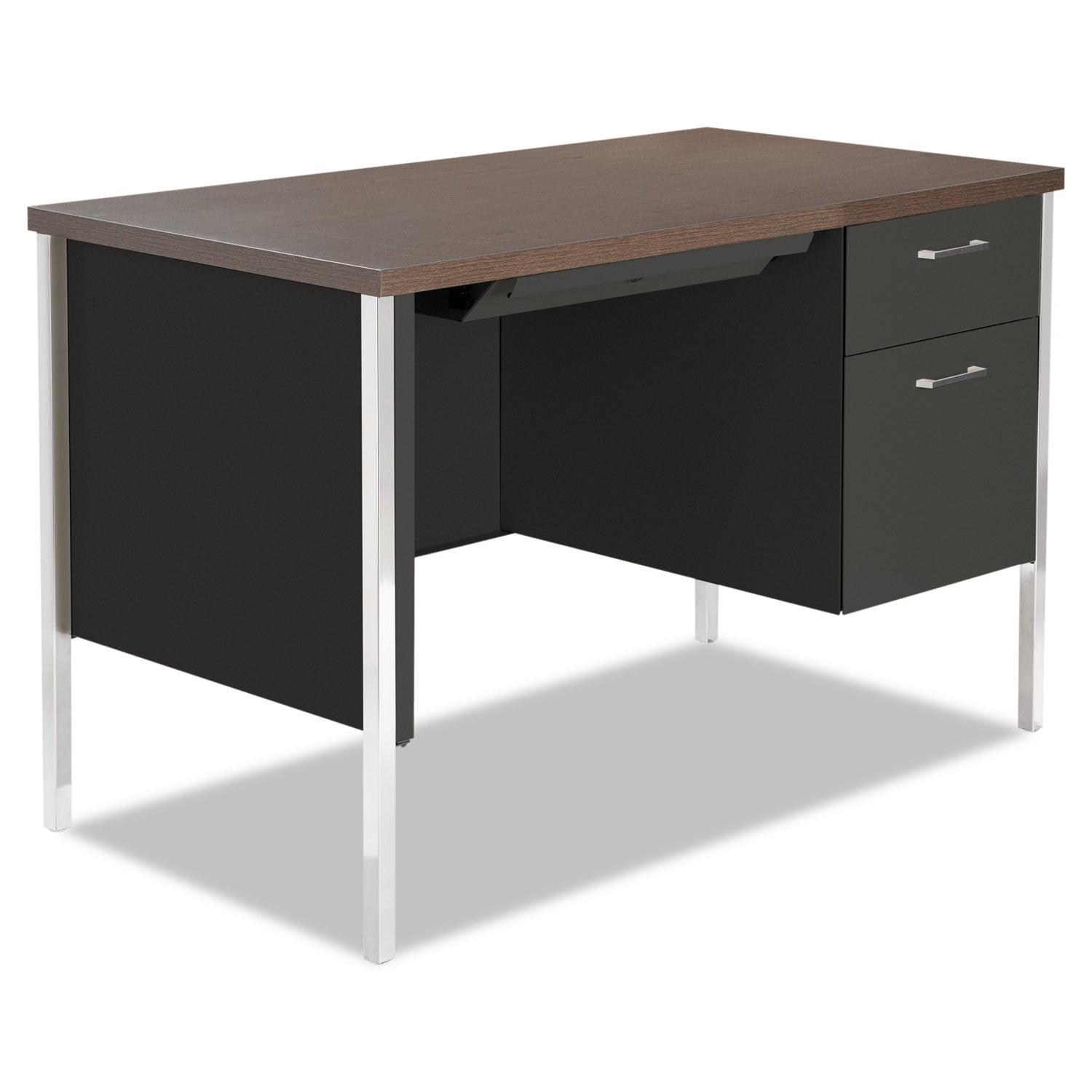 Walnut & Black Metal Desk with Locking Drawers and Filing Cabinet