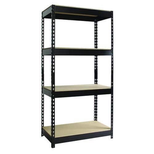 Heavy-Duty Black Steel and Particleboard 4-Shelf Unit