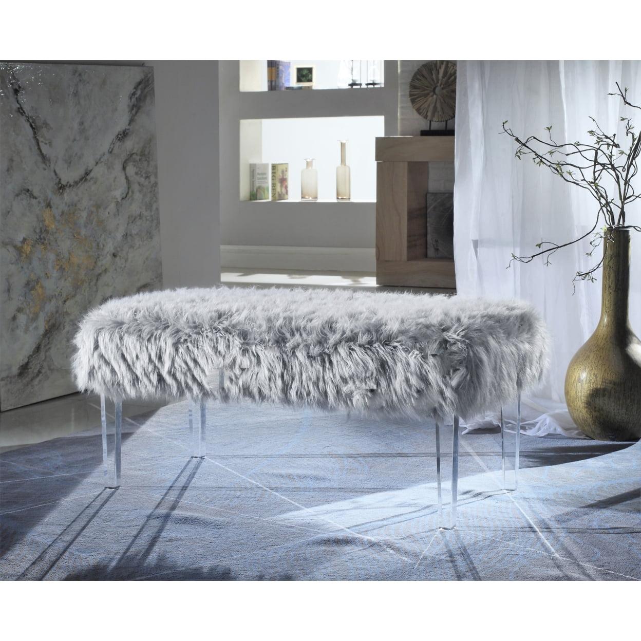 Alessandro Grey Faux Fur 41" Modern Acrylic Leg Bench