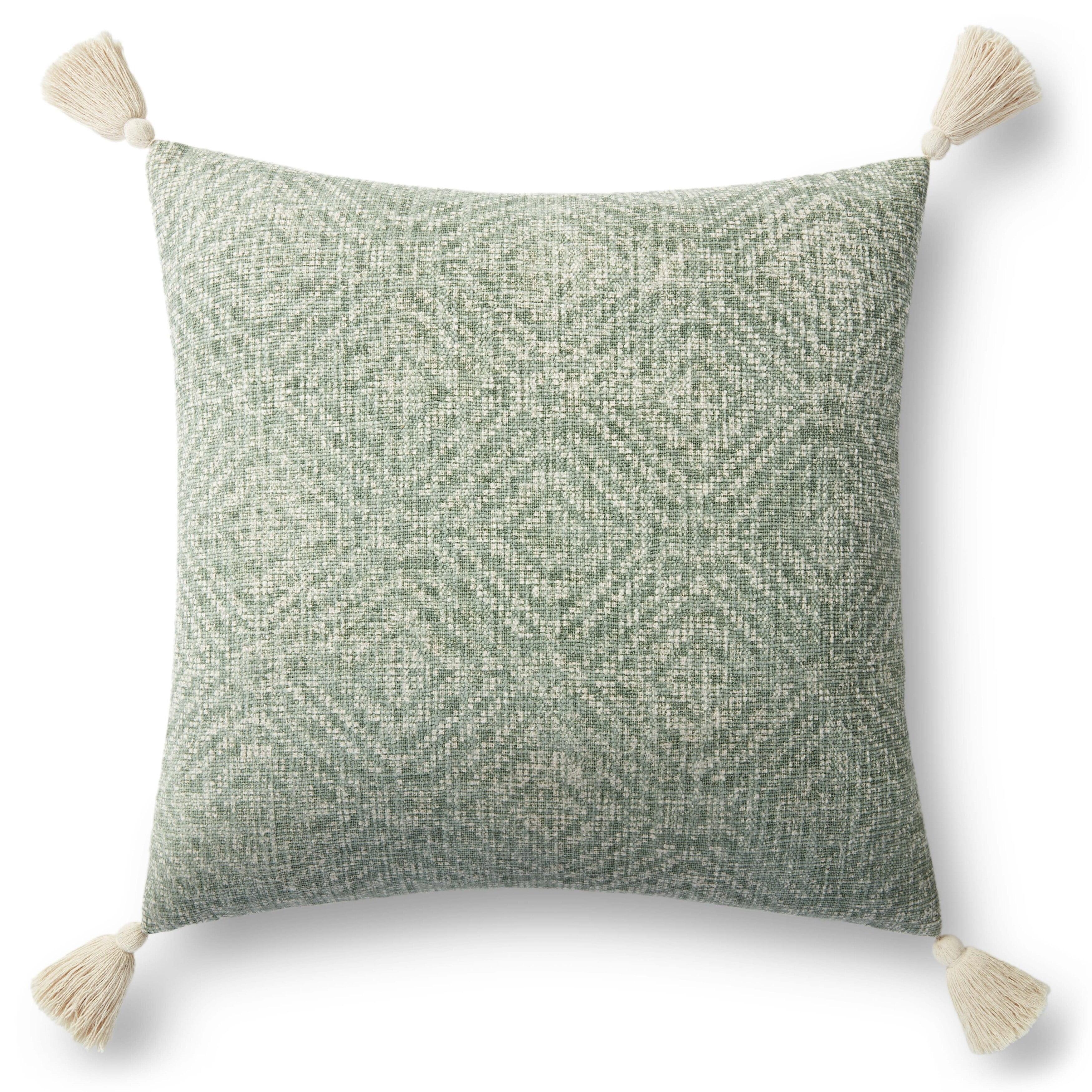 Green Cotton Tribal Diamond Tassel Pillow 22" x 22"