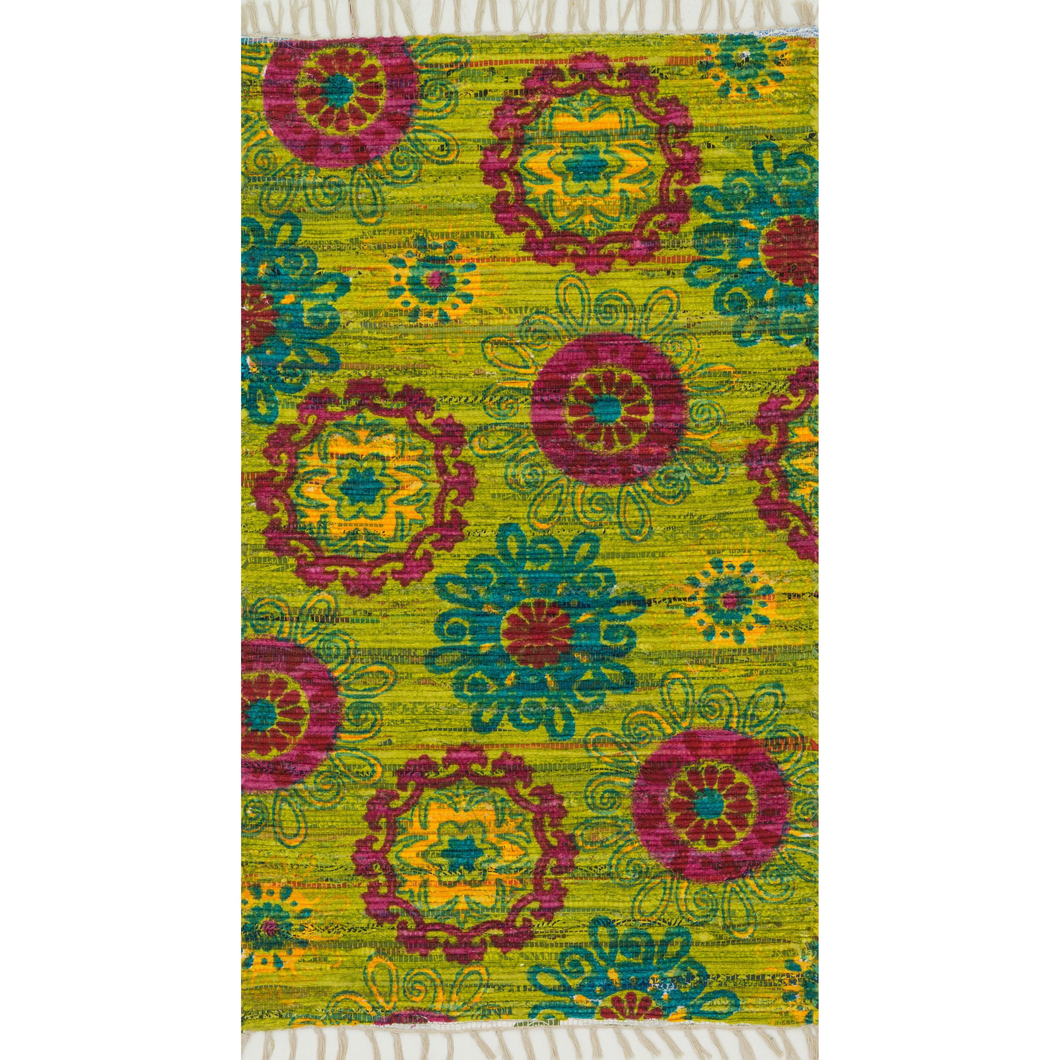 Lime and Pink Floral Cotton Flatweave Rug