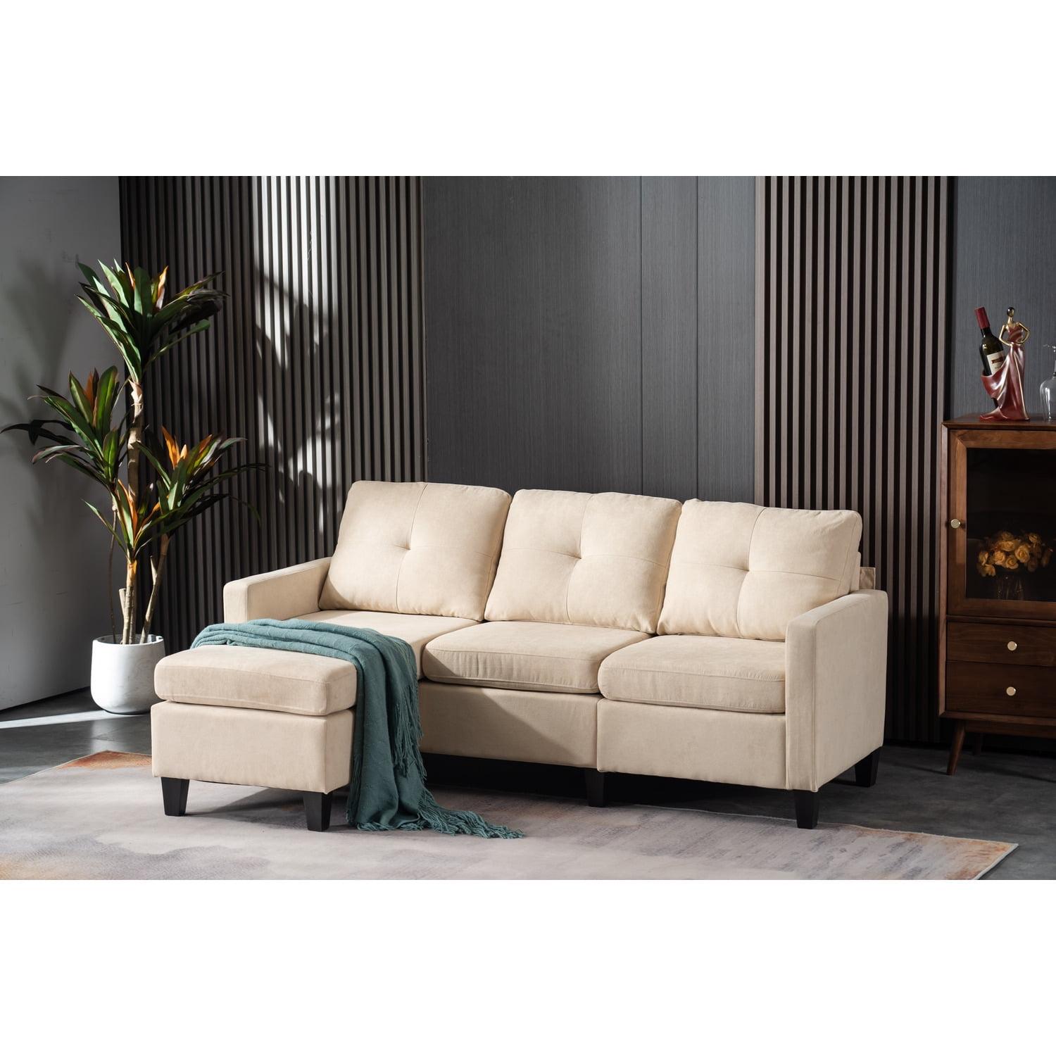 Alexent 75" Beige Linen Fabric Sectional Sofa with Ottoman