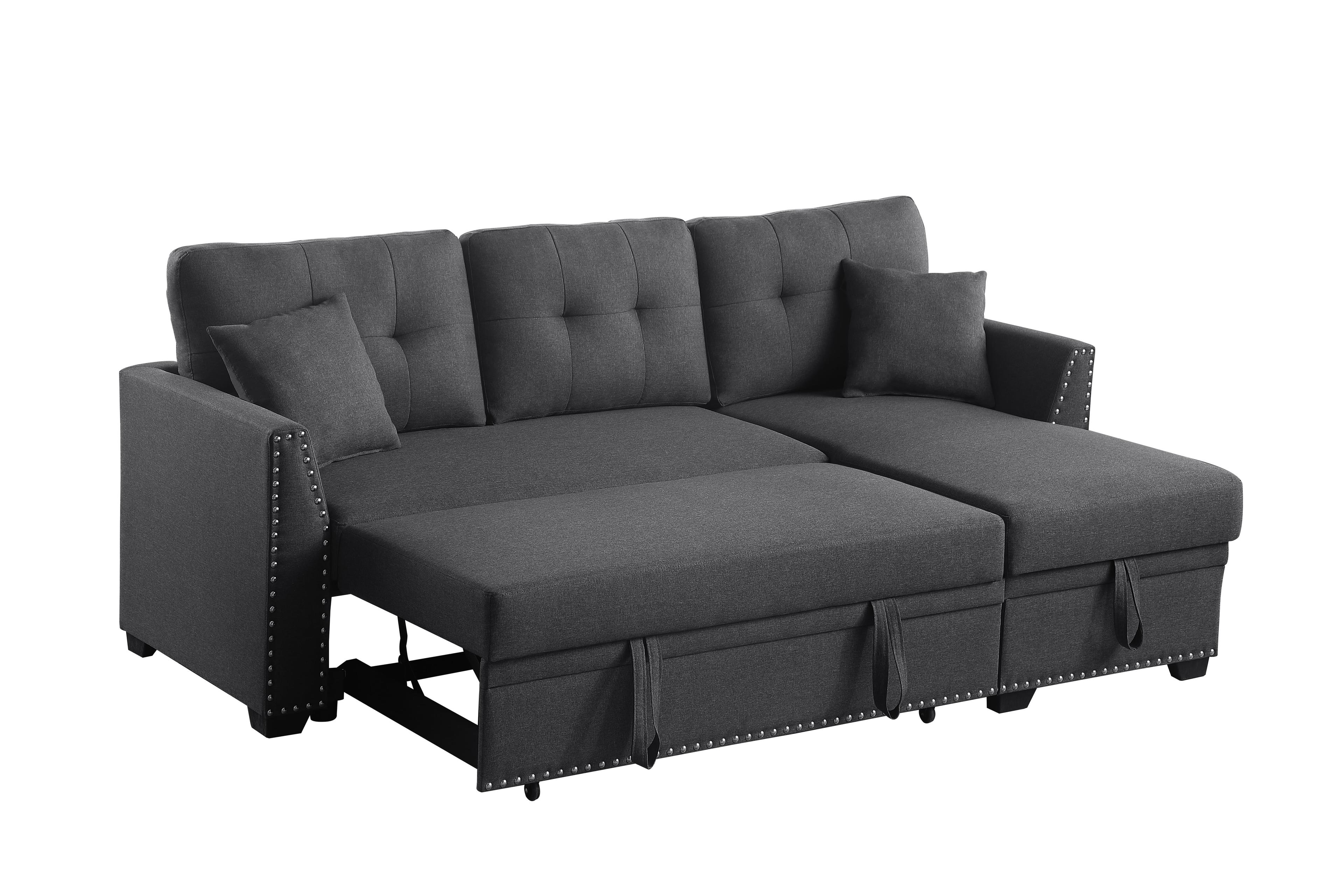 Dark Gray Fabric Sectional Sleeper Sofa with Storage and Nailhead Trim