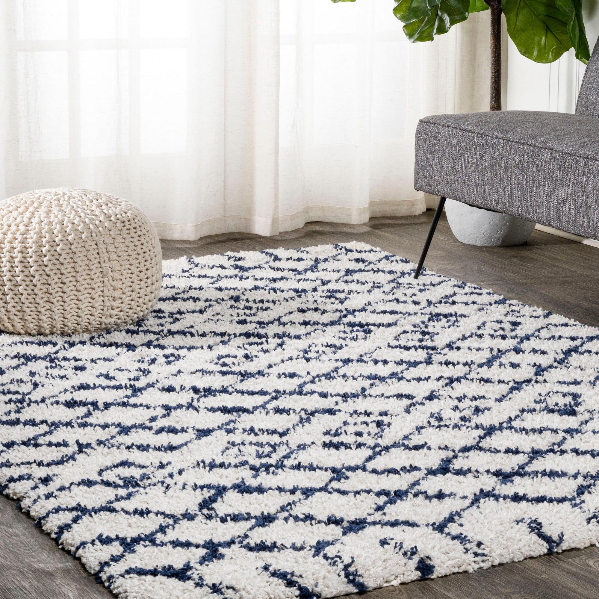 3'x5' Sineu Moroccan Diamond Shag Area Rug, Beige/Navy - JONATHAN Y