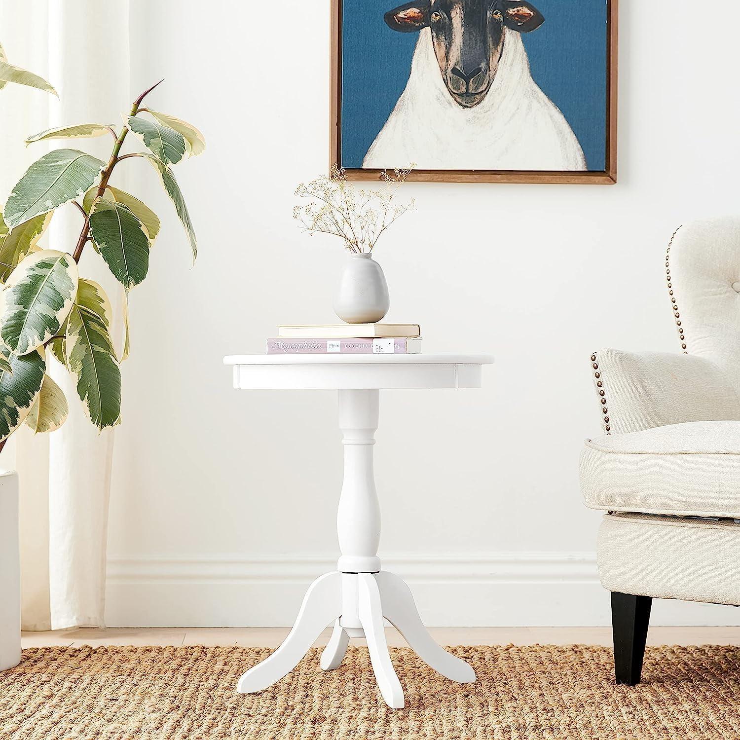 White Solid Wood Round Side Table with Turned Base