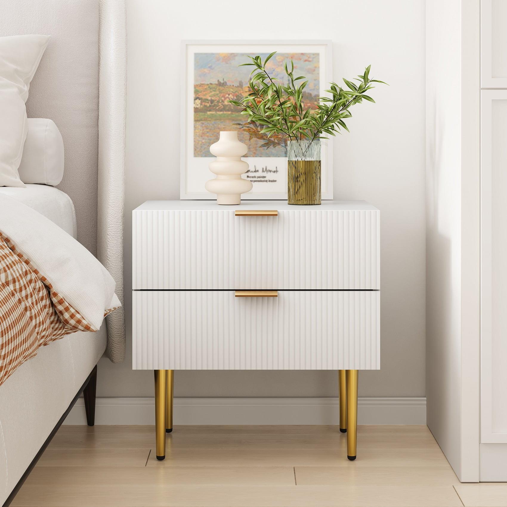 Smuxee Modern Nightstand with 2 Wave Pattern Drawer,End Tables Side Tables for Bedroom,White