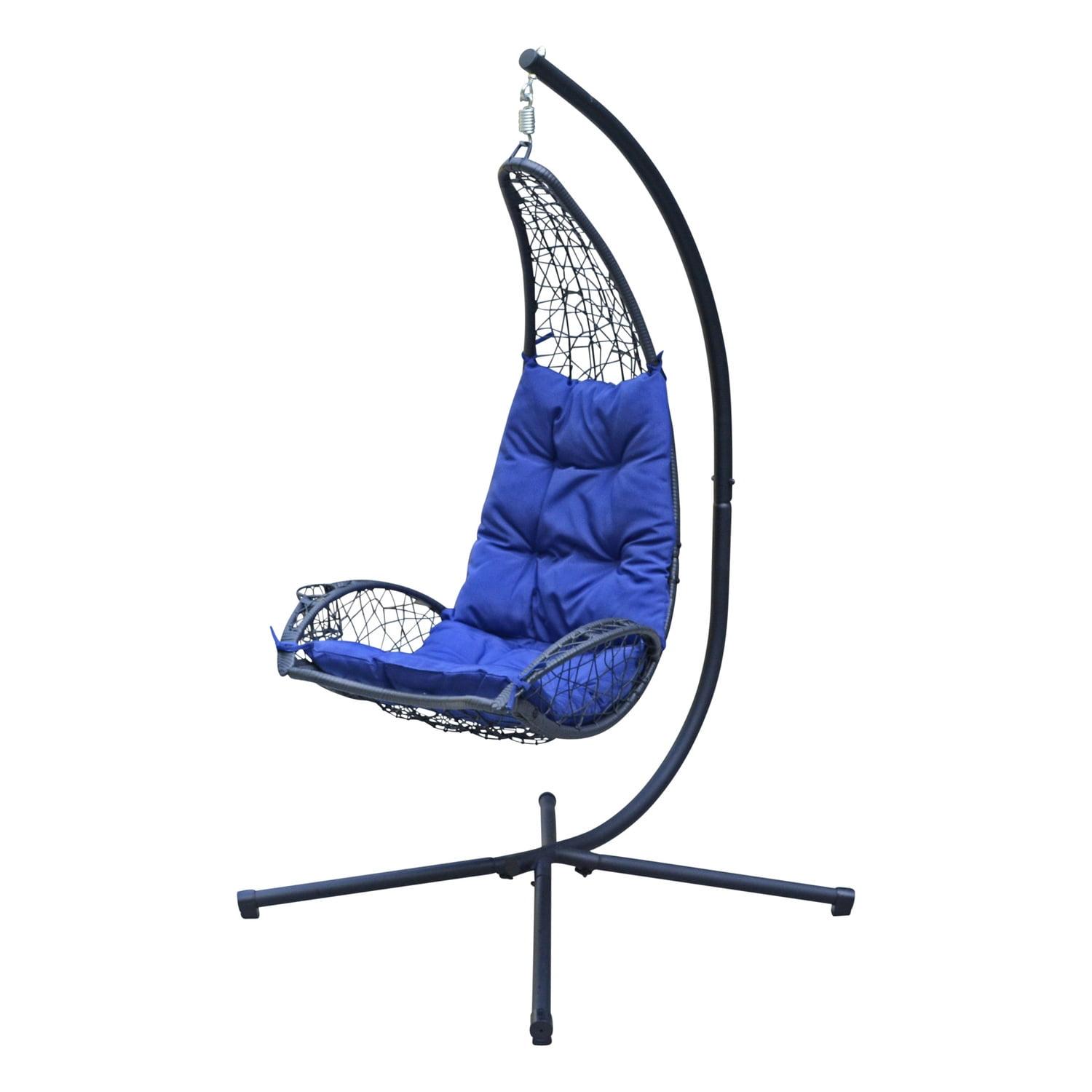 Blue Cushioned Rattan Wicker Hanging Chair with Stand