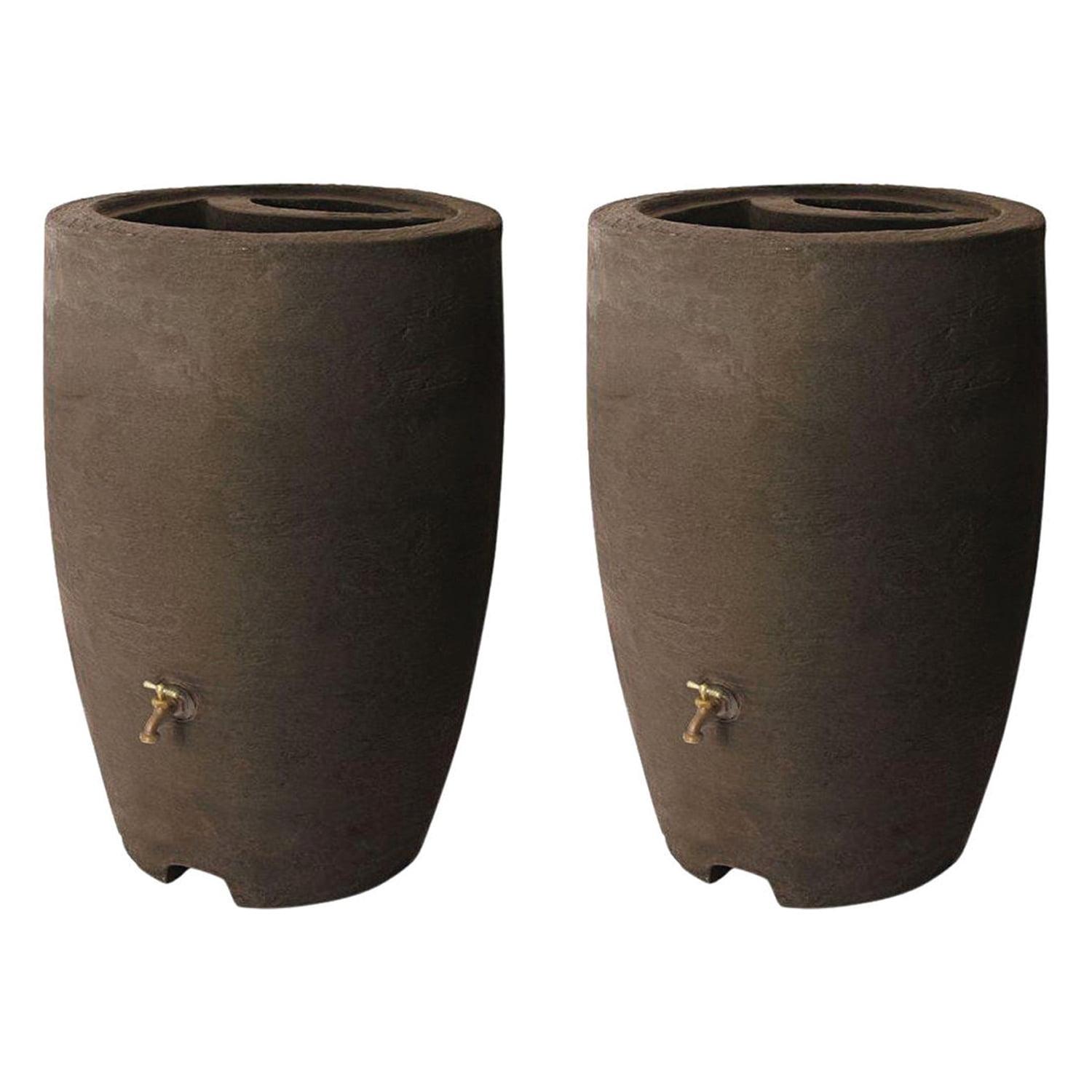 Algreen Athena 50 Gallon Plastic Outdoor Rain Barrel with Brass Spigot and Screen Guard for Rain Water Collection and Storage, Brownstone (2 Pack)