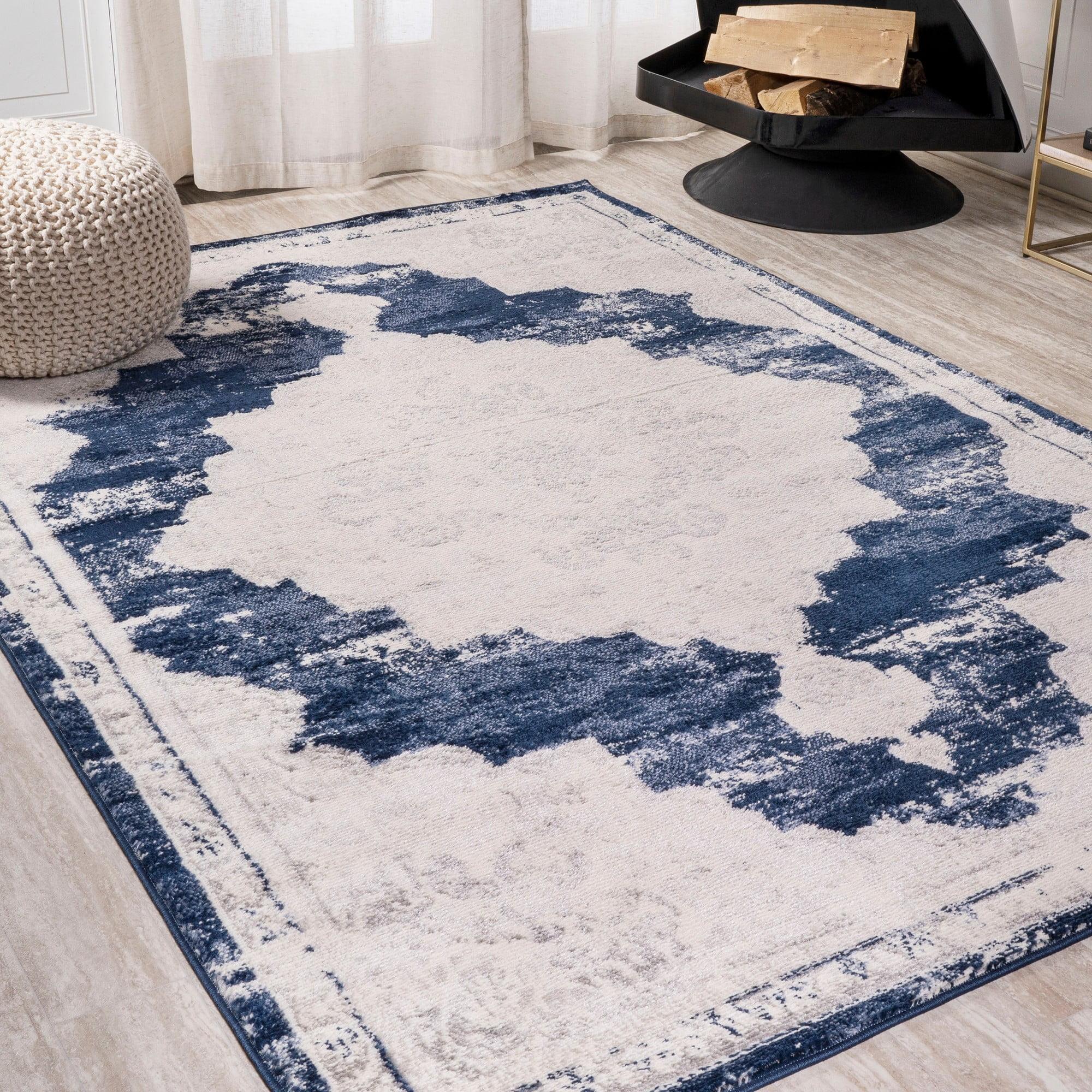 Ivory and Navy Synthetic Reversible Medallion Area Rug