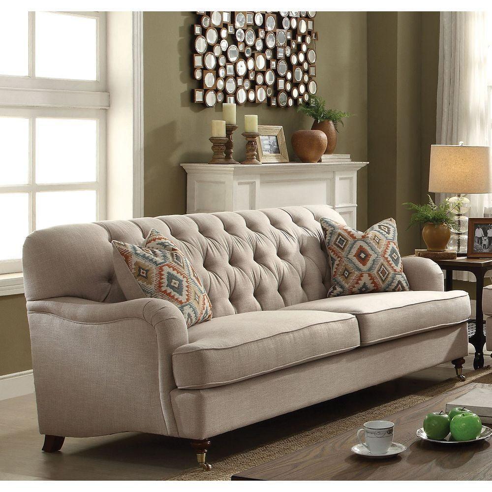 Alianza Classic Tufted Linen Reclining Sofa with Cup Holder in Beige