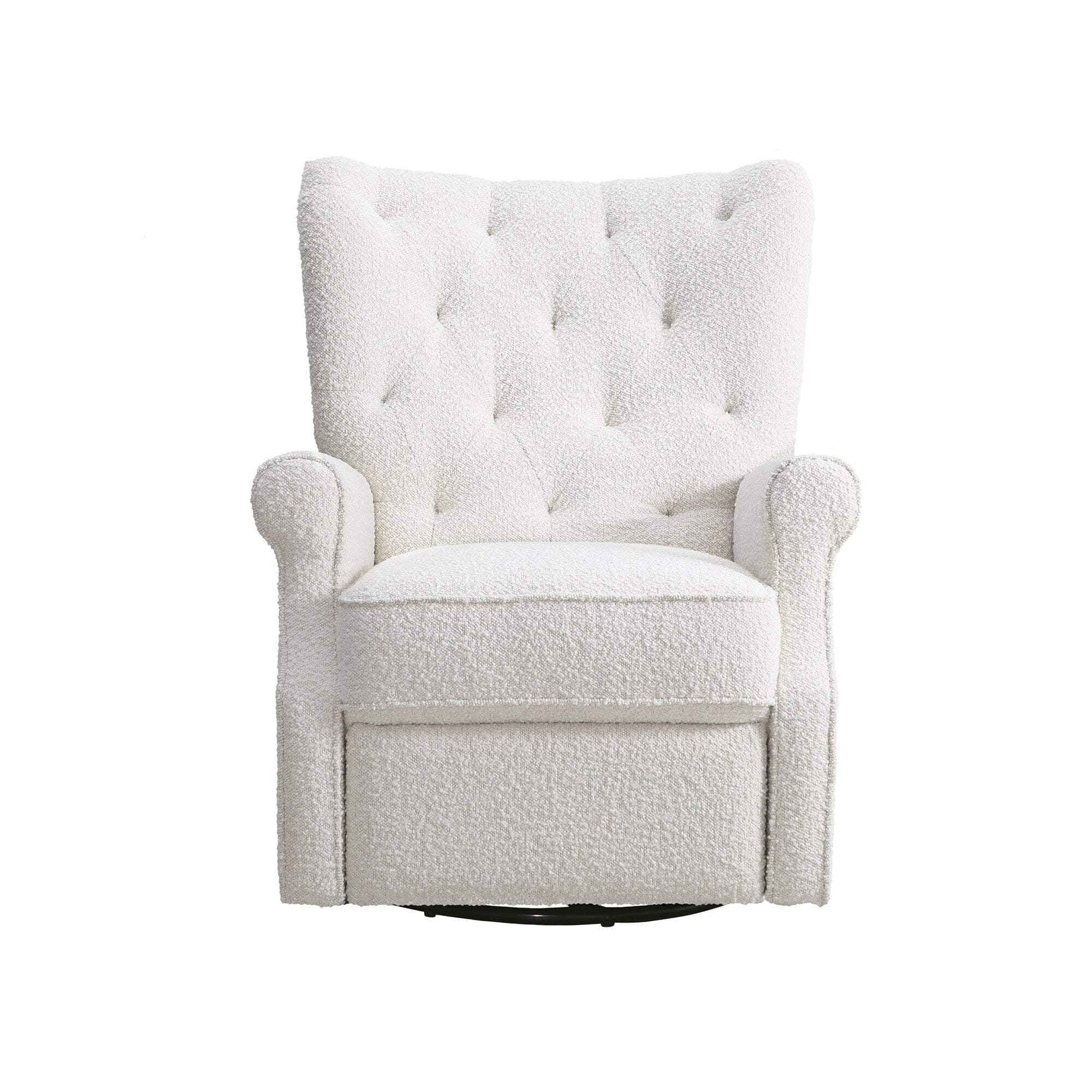 White Velvet Wingback Swivel Recliner with Wood Frame