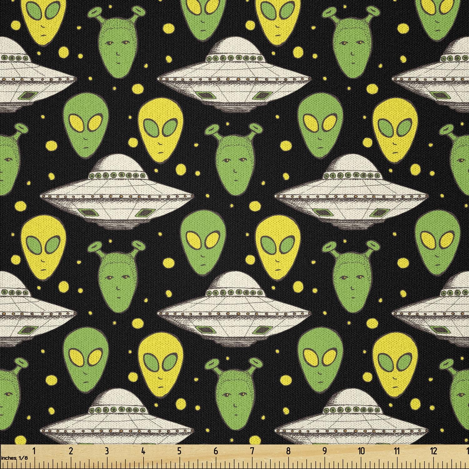 Alien Fabric by The Yard, Sketch Style Portraits Dotted Background Space Crafts Transportation, Microfiber Fabric for Arts and Crafts Textiles & Decor, 1 Yard, Apple Green, by Ambesonne
