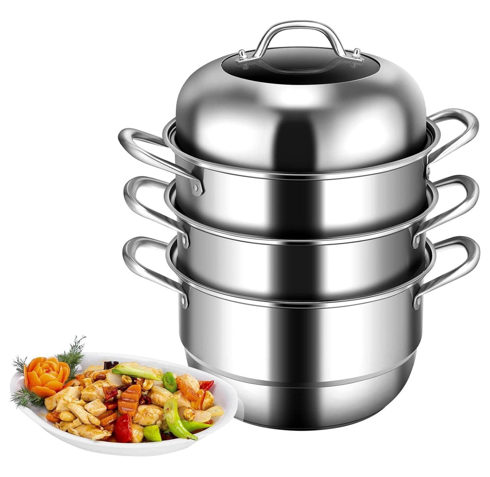 3-Tier Stainless Steel Steamer Pot with Tempered Glass Lid