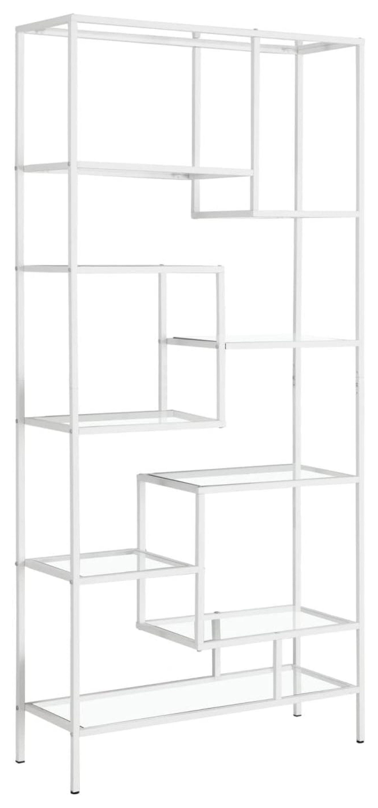 Alieon 7159 Bookshelf, Bookcase, Etagere, Office, Bedroom, Metal, Tempered, Contemporary, Modern Bookcase-72, 32" L x 12" W x 72" H, White/Clear Glass