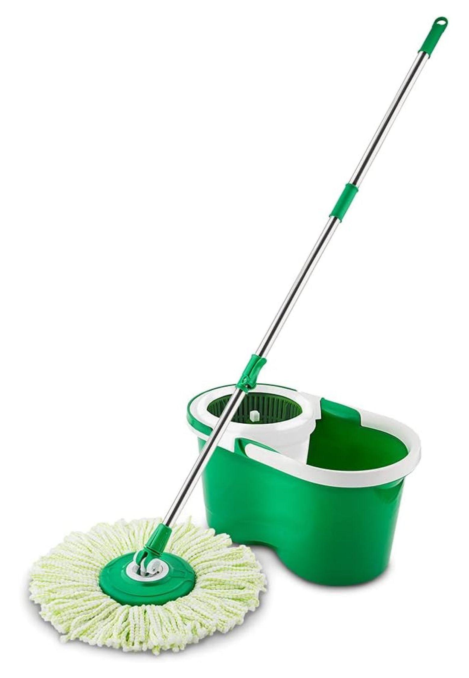 LoWyiL All-In- One Microfiber Spin Mop and Bucket Floor Cleaning System, 2 Gallons, Green & White