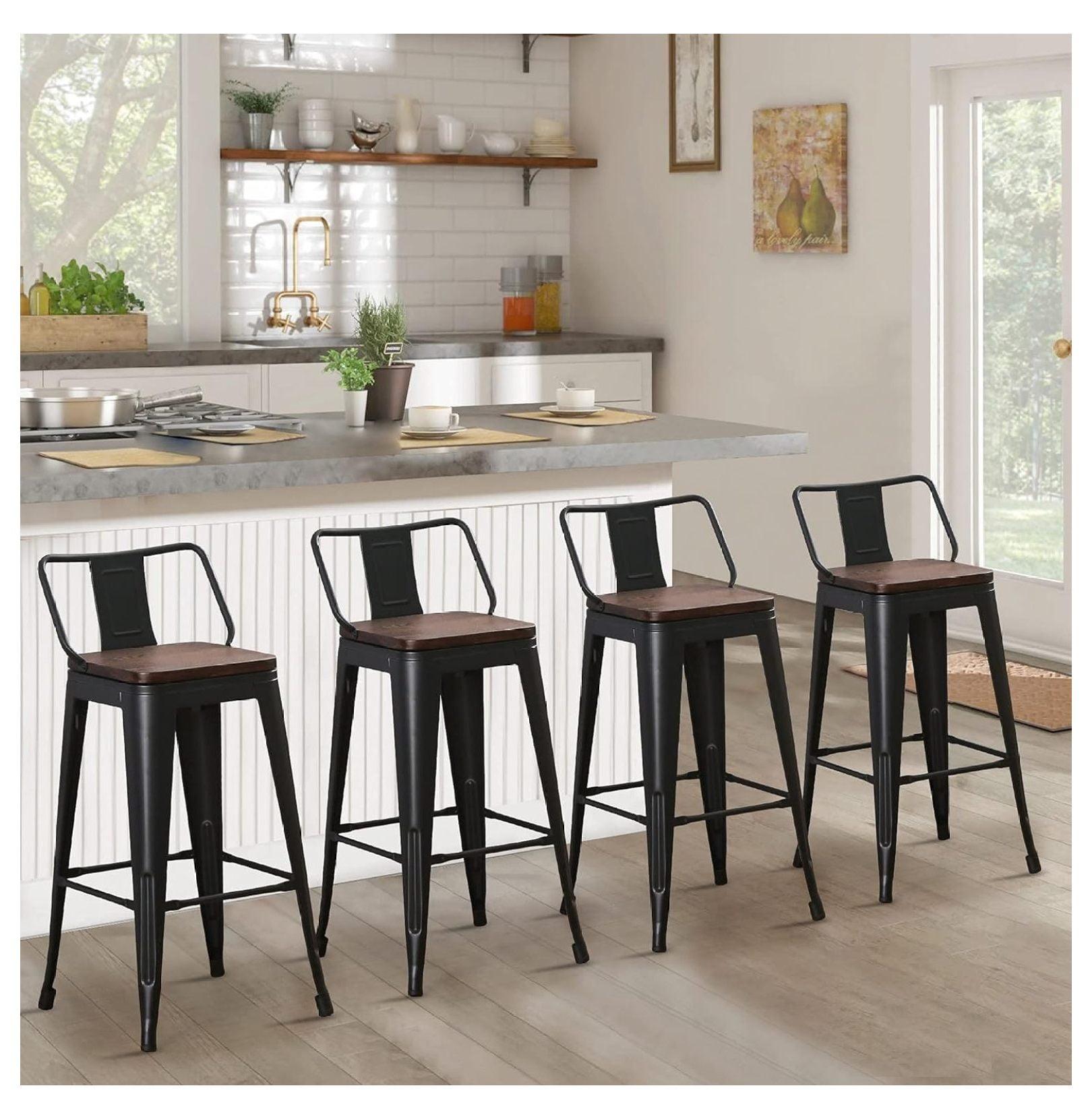 Set of 4 Black Metal and Wood Swivel Bar Stools