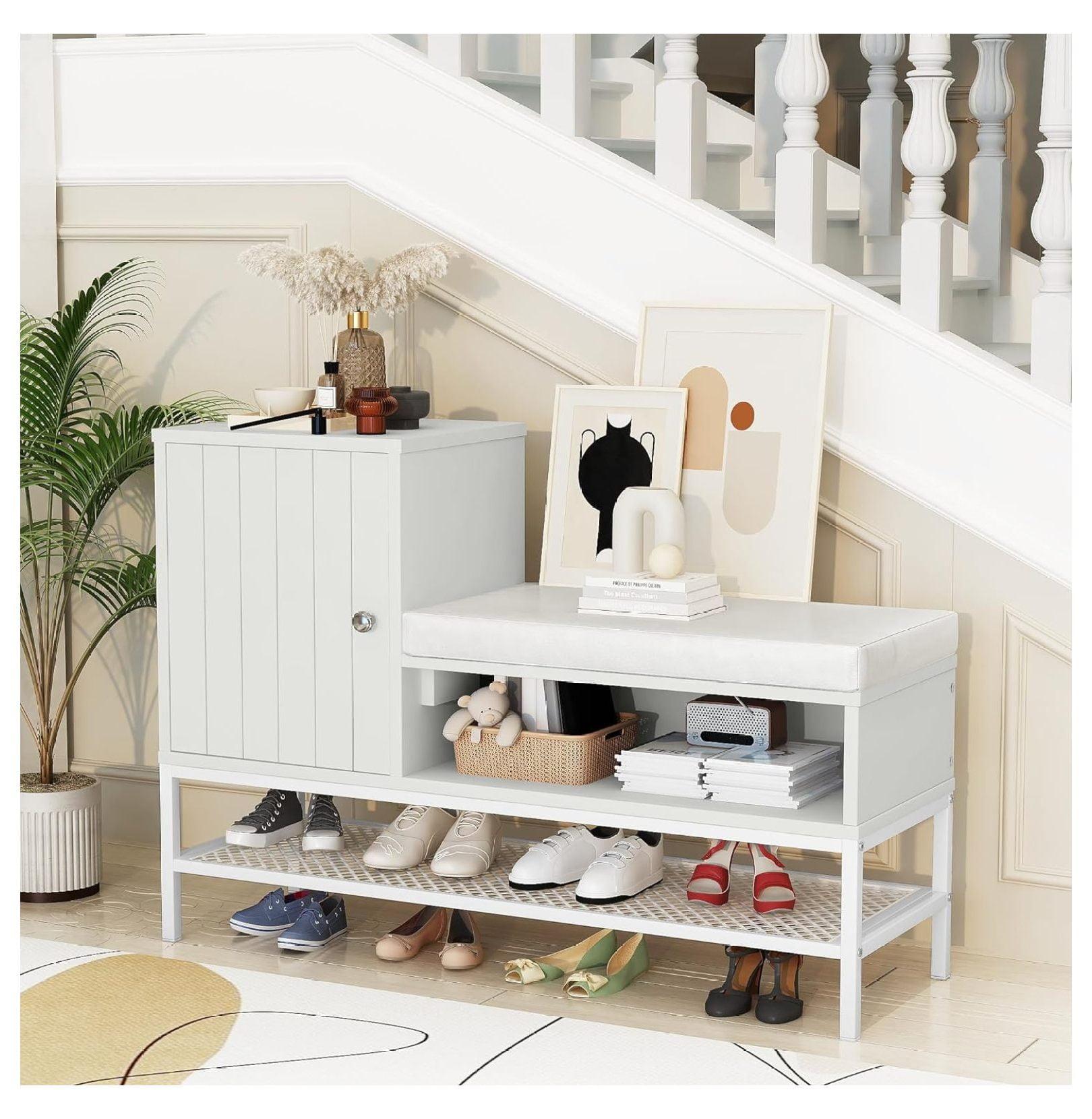 White Faux Leather and Wood Entryway Shoe Storage Bench