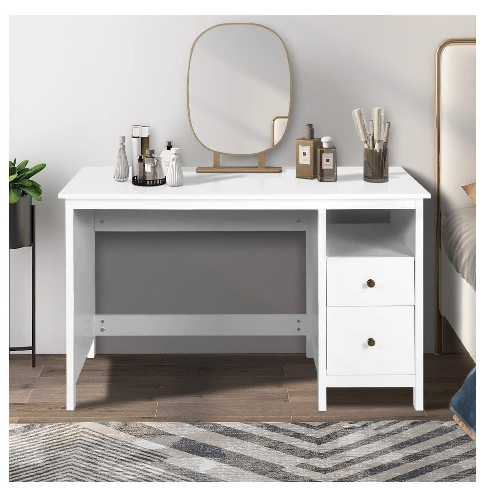 White Rectangular Modern Writing Desk with Drawers and Filing Cabinet