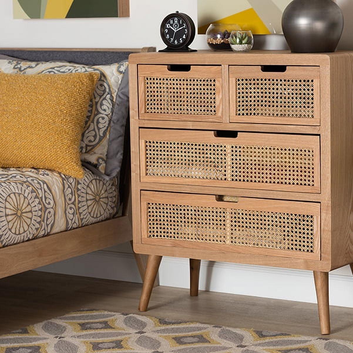 Alina Wood and Rattan 4 Drawer Accent Chest Oak - Baxton Studio