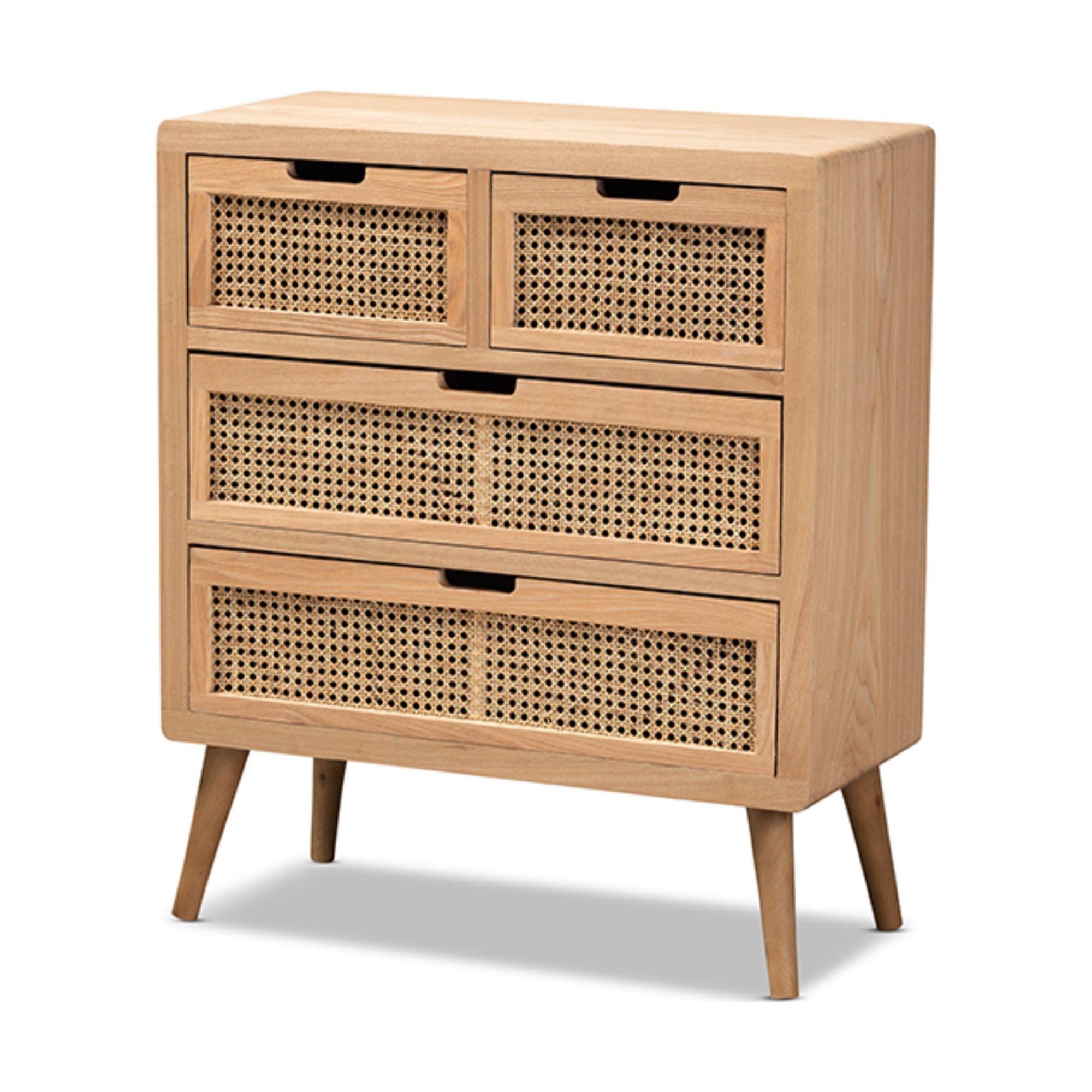 Alina Wood and Rattan 4 Drawer Accent Chest Oak - Baxton Studio: Small Profile, Bohemian Vibe, Ample Storage