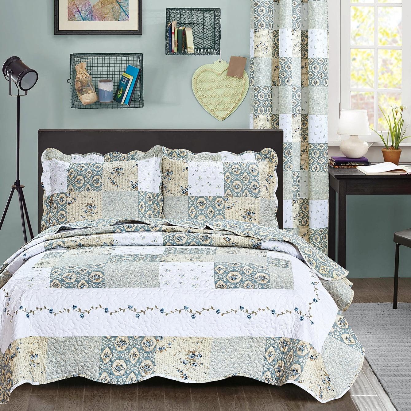 Twin White Reversible Floral Polyester Bedspread Set