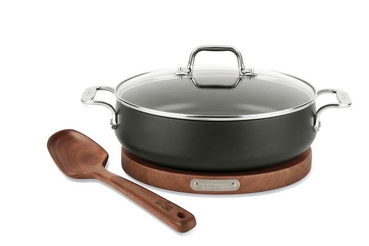 Nonstick Aluminum Sauteuse Pan with Acacia Spoon and Lid, 4 Quart