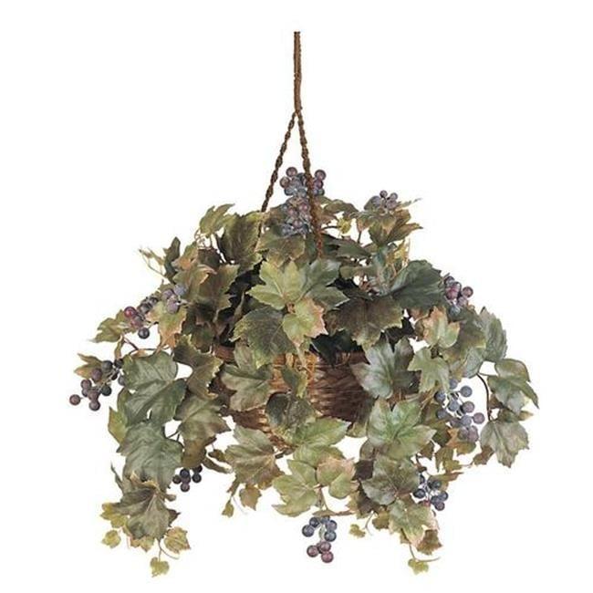 Green Silk Grape Leaf Hanging Basket with Wicker Planter