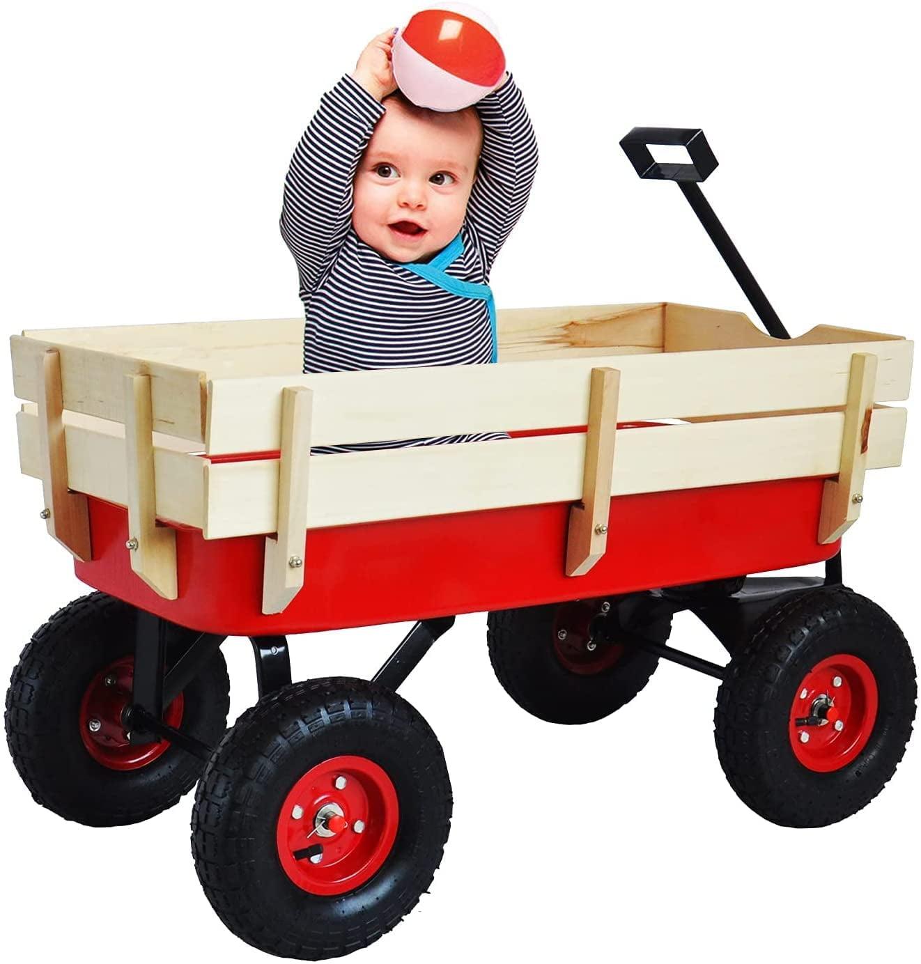 All Terrain Wagons for Kids Wagon with Removable Wooden Side Panels, Garden Wagon with Steel Wagon Bed, Folding Wagons for Kids/ Pets with Pneumatic Tires, Red