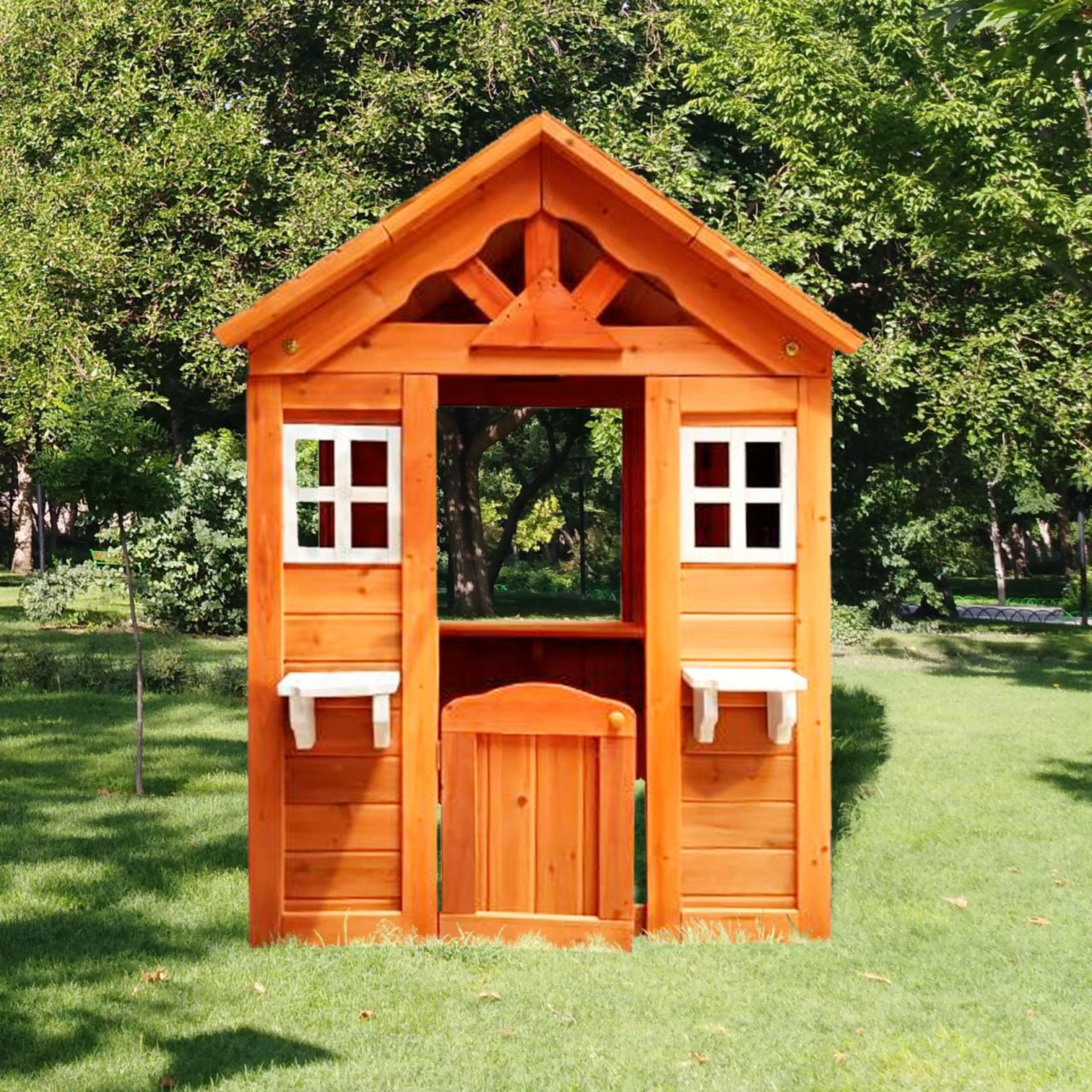 Golden Red Wooden Outdoor Playhouse with Windows and Flowerpot Holders