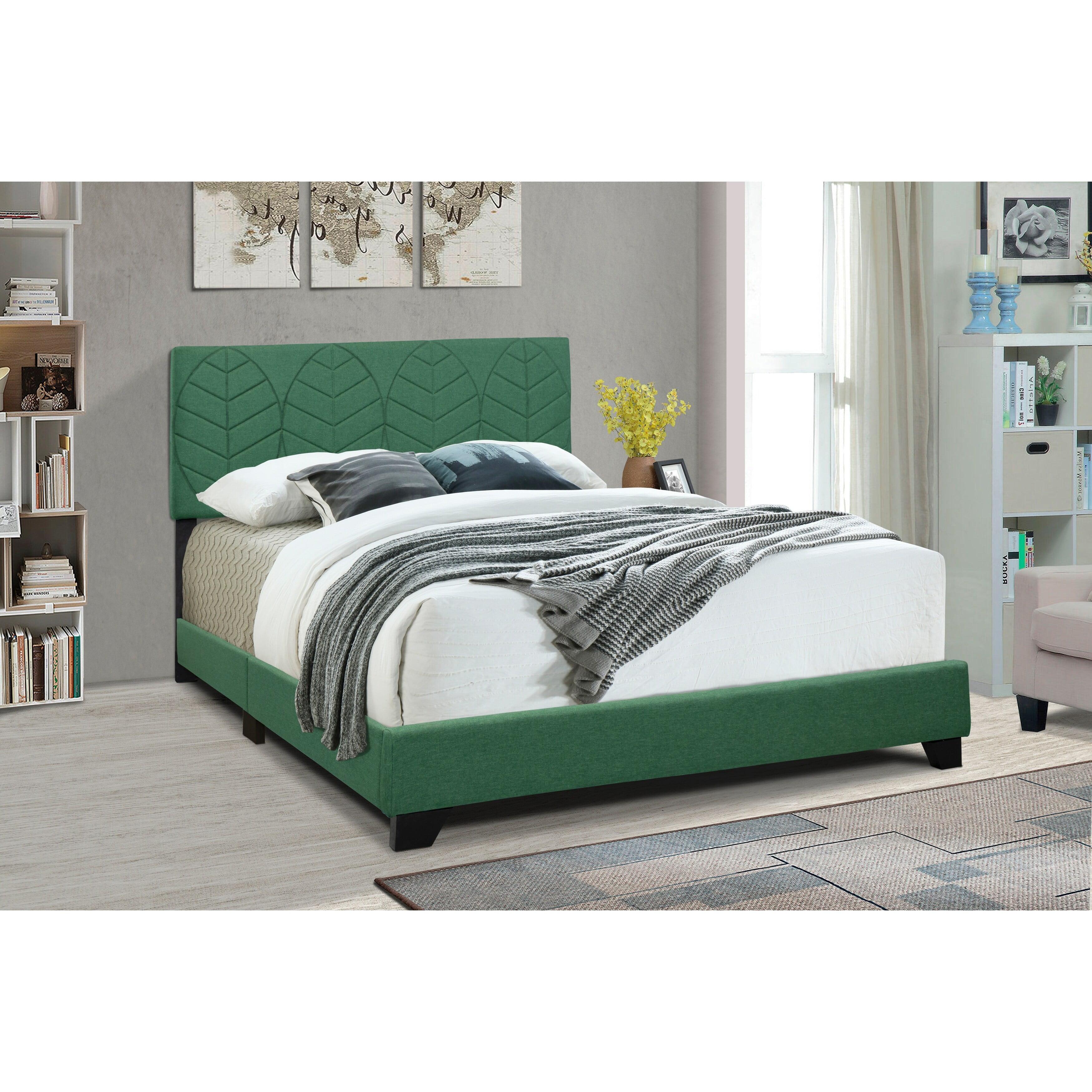 Modern Velvet King Bed with Tufted Leaf-Patterned Headboard in Kelly Green