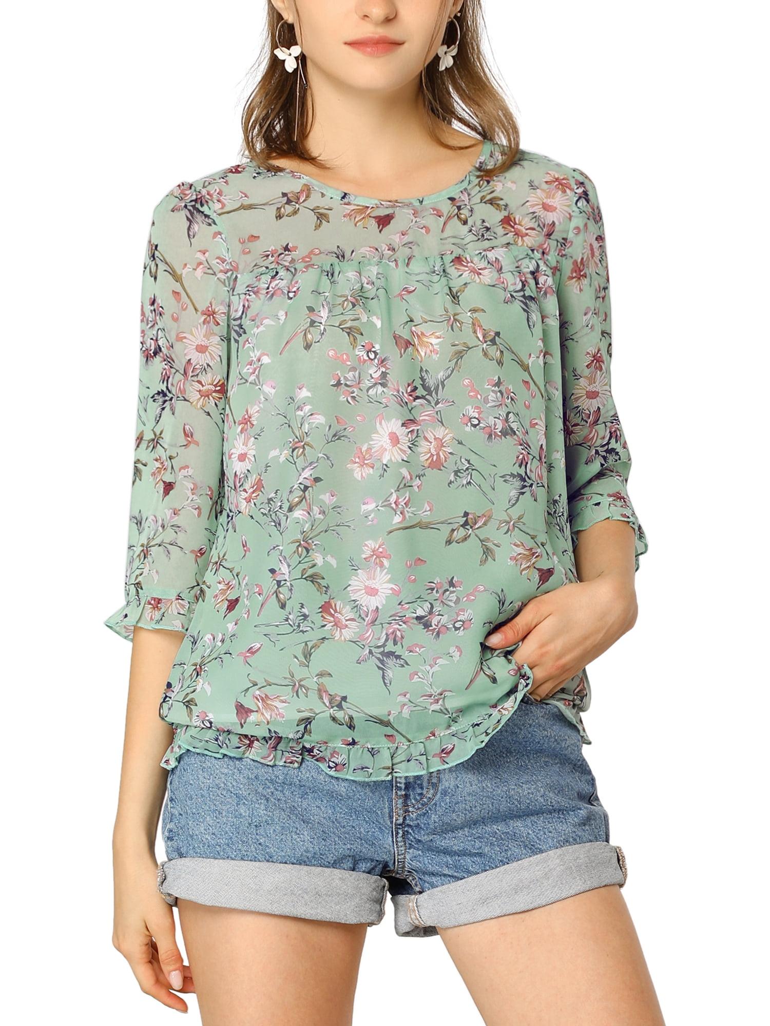 INSPIRE CHIC Women's 3/4 Sleeves Floral Chiffon Ruffle Hem Summer Shirt Blouses Tops XS Green