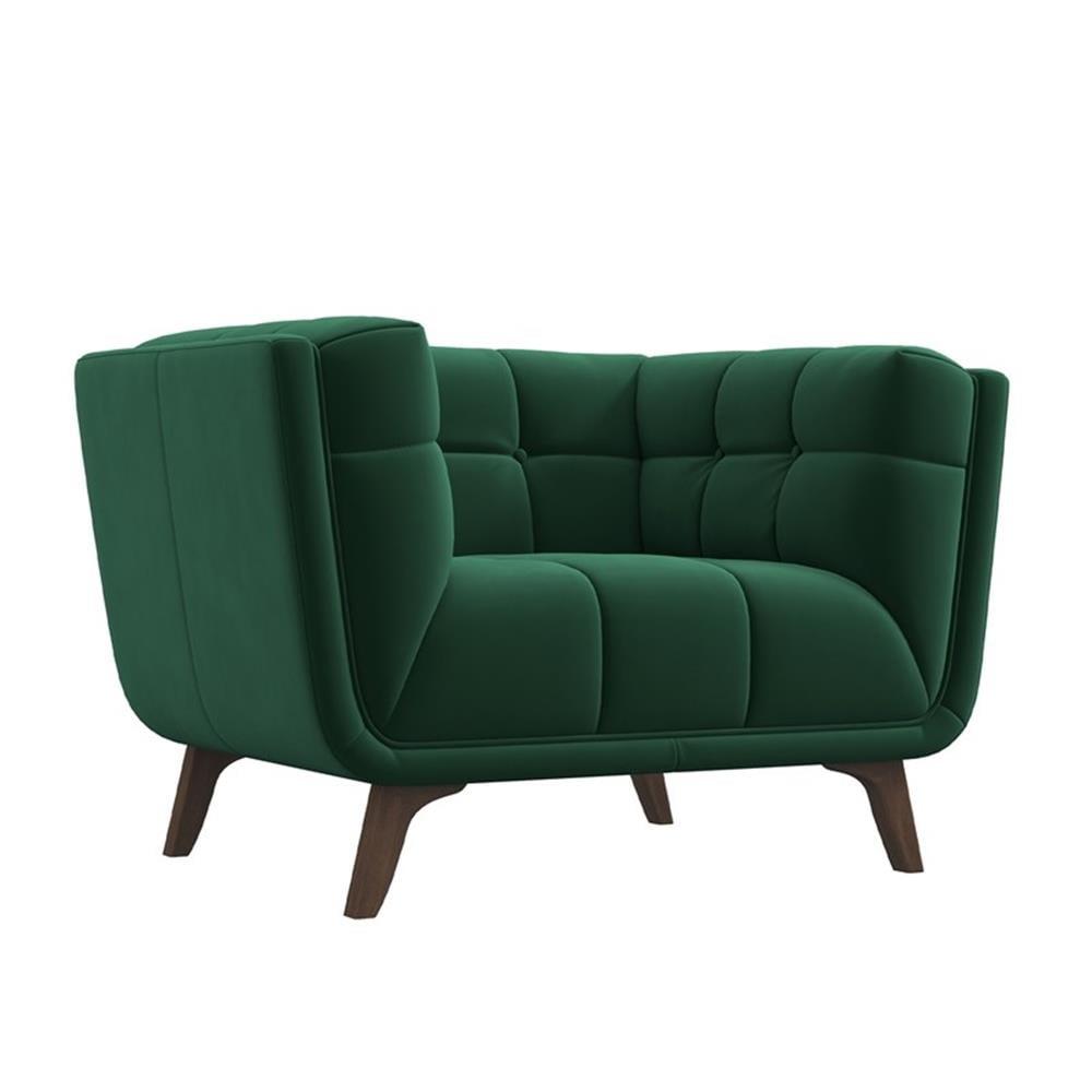 Allen Dark Green Velvet Tufted Lounge Chair with Wood Frame