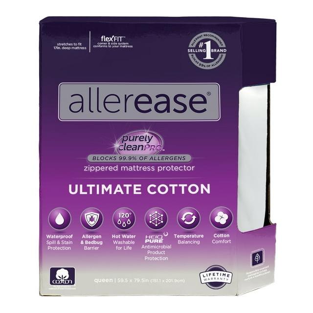 Allerease Queen Ultimate Cotton Waterproof Allergen and Bedbug Barrier Zippered Mattress Protector: Hypoallergenic Encasement