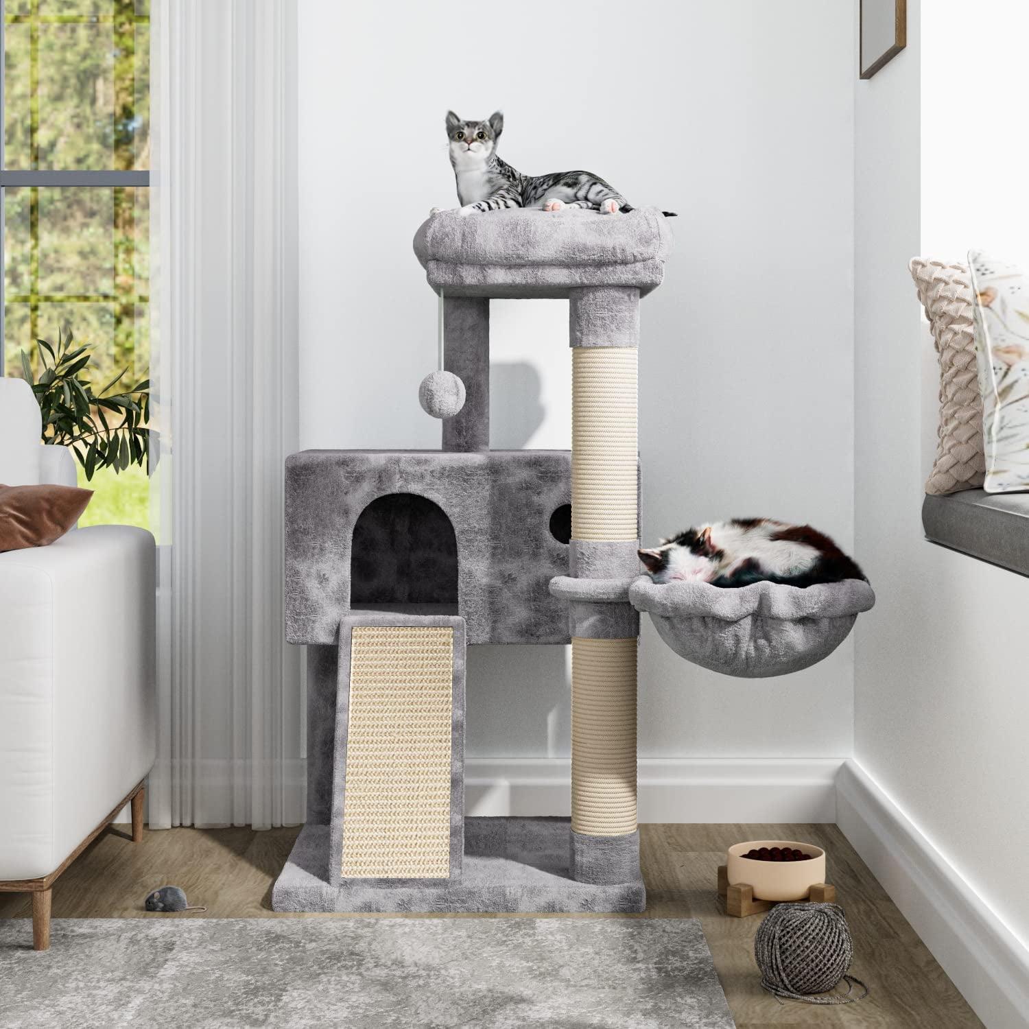 36" Small Cat Tower With Hammock, Sisal Scratching Posts, And Ramp, Perfect For Indoor Cats