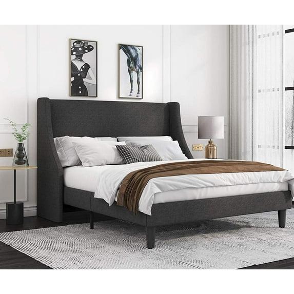 Allewie Base de Cama con Plataforma Tapizada en Tela de Tamaño Full con Cabecera con Respaldo Lateral, Gris Oscuro