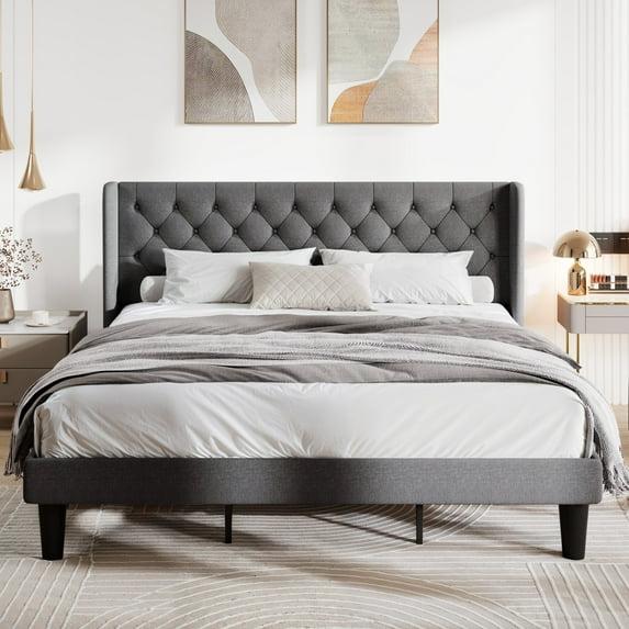 Allewie King Size Upholstered Platform Bed Frame with Fabric Wingback Button Tufted Headboard, Light Grey