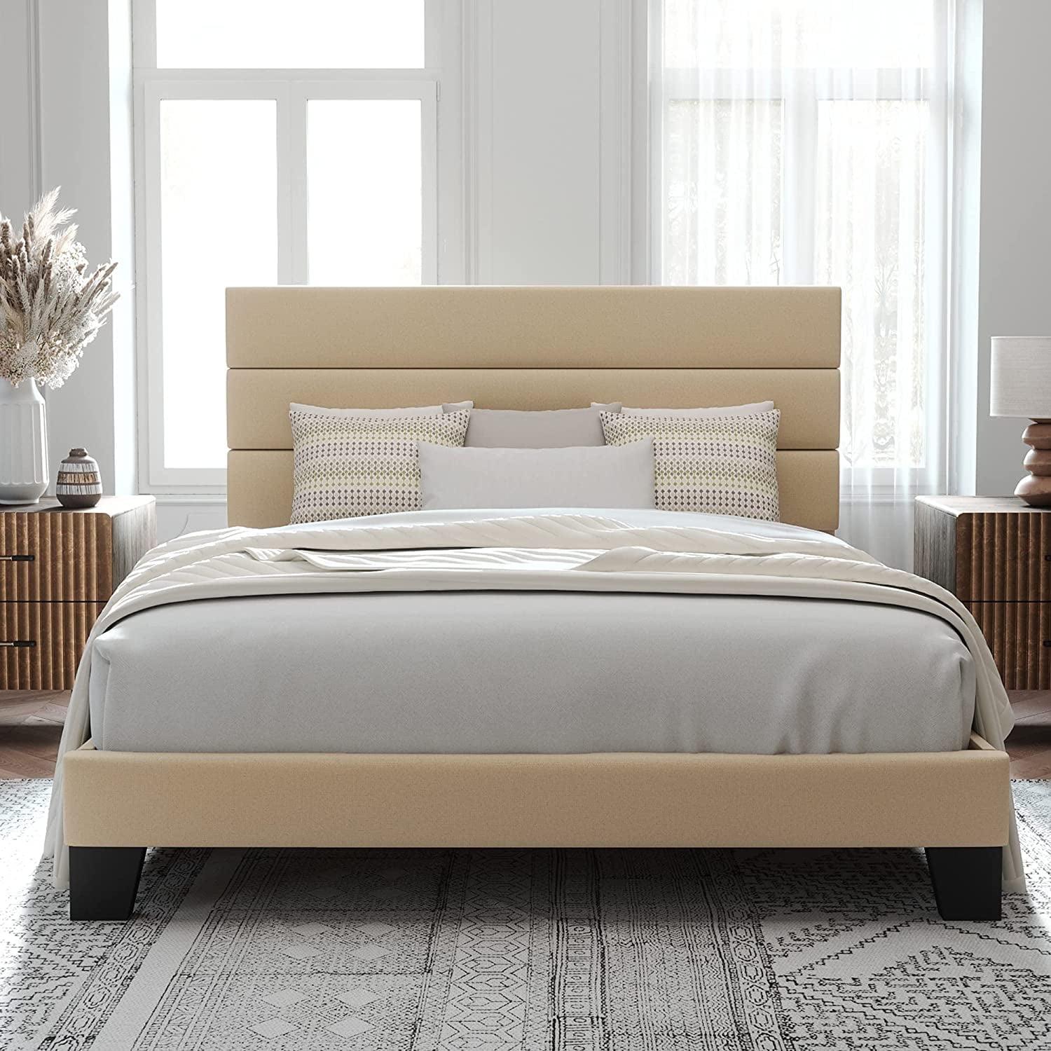 Beige Queen Upholstered Platform Bed Frame with Headboard