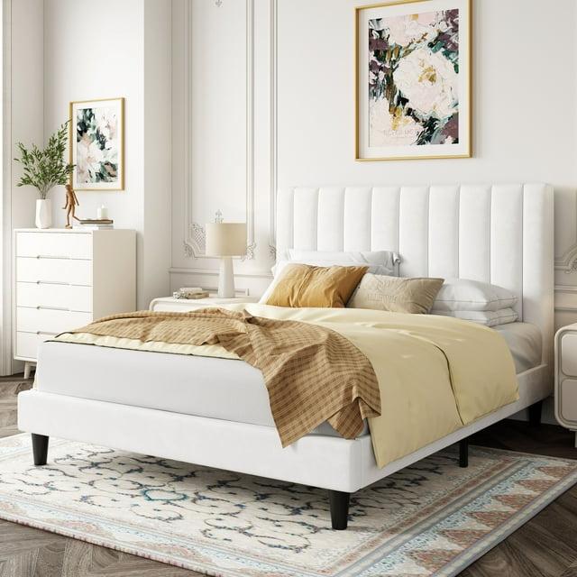 Allewie Queen Velvet Upholstered Bed Frame/Vertical Channel Tufted Wingback Headboard/Heavy Duty Support/box spring Optional/Easy Assembly/White