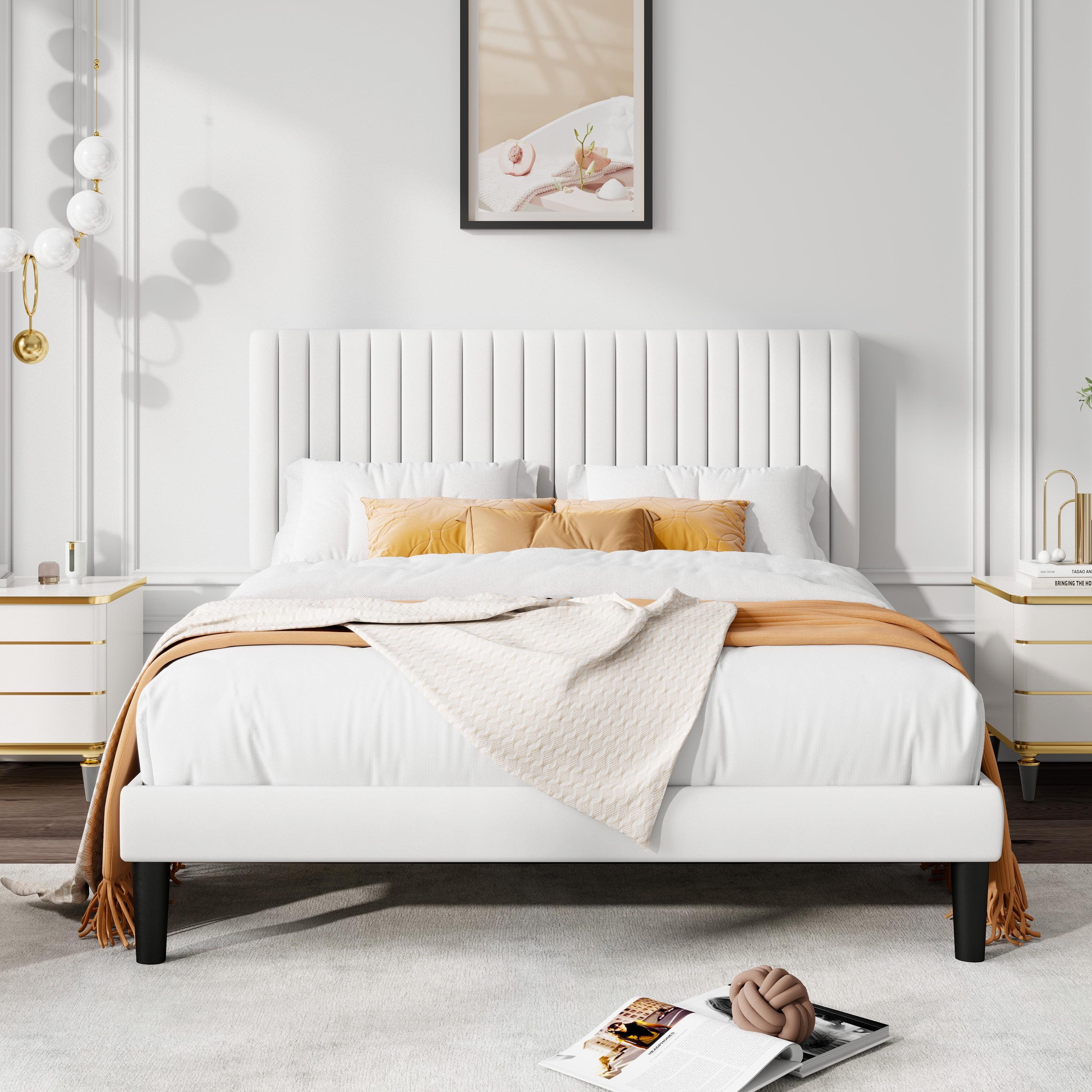 Allewie Queen Velvet Upholstered Bed Frame/Vertical Channel Tufted Wingback Headboard/Heavy Duty Support/box spring Optional/Easy Assembly/White