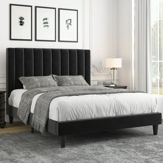Allewie Queen Velvet Upholstered Bed Frame with Vertical Channel Tufted Headboard, Black