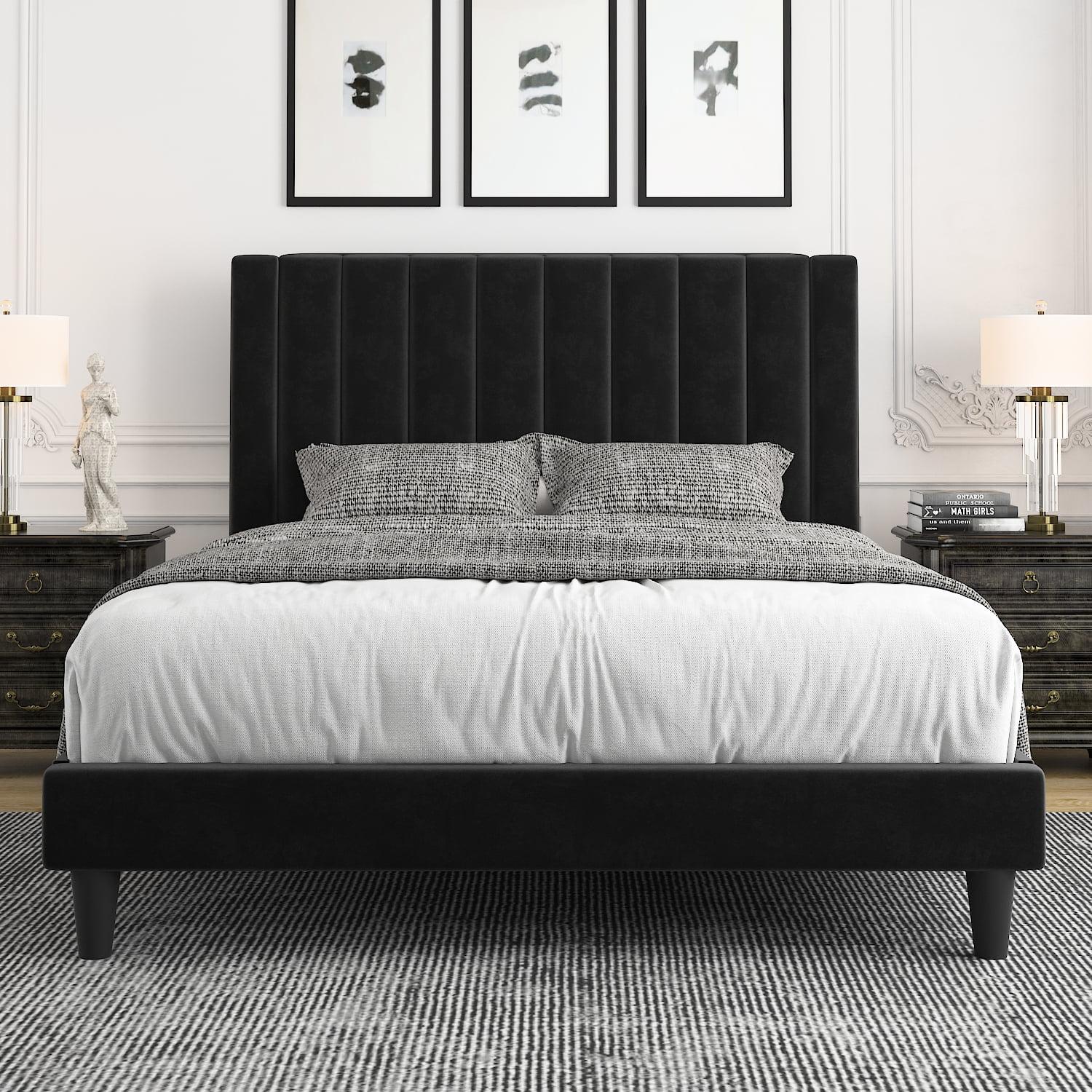 Allewie Queen Velvet Upholstered Bed Frame with Vertical Channel Tufted Headboard, Black