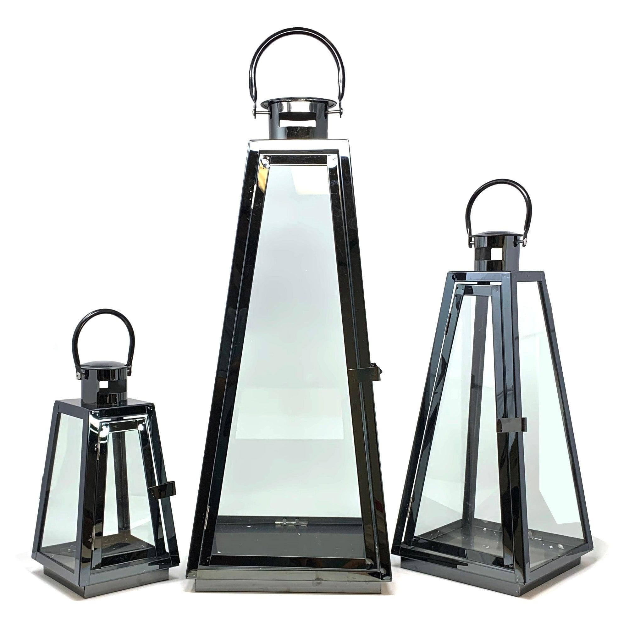 Allgala 3-PC Set Jumbo Luxury Modern Indoor/Outdoor Hurricane Candle Lantern Set With Chrome Plated Structure and Tempered Glass-Taper Black-HD88023